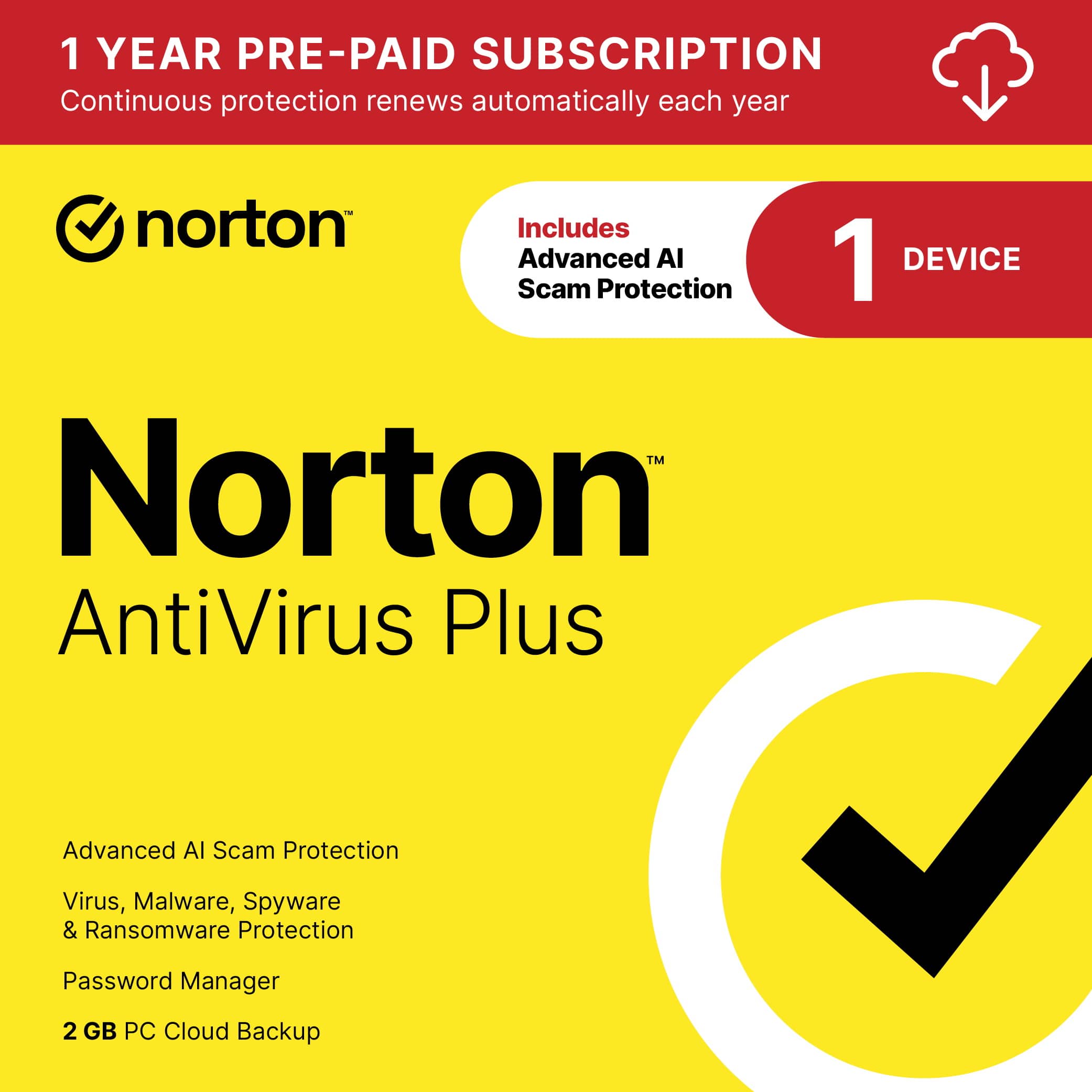 Norton AntiVirus Plus is a comprehensive security solution that includes advanced AI scam protection, virus, malware, spyware, and ransomware protection, password manager, and 2 GB PC cloud backup. The product comes with a 1-year pre-paid subscription, which automatically renews each year, ensuring continuous protection for your device.