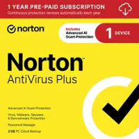 Norton - Antivirus Plus (1 Device) Antivirus Software + Password Manager + Smart Firewall + PC Cloud Backup (1 Year Subscription) - Android, Apple iOS, Mac OS, Windows [Digital] - Front_Zoom
