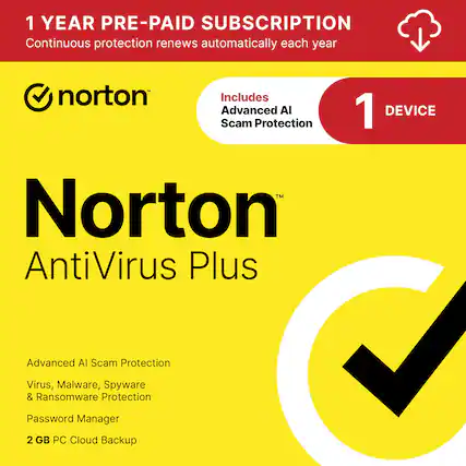 Norton AntiVirus Plus is a comprehensive security solution that includes advanced AI scam protection, virus, malware, spyware, and ransomware protection, password manager, and 2 GB PC cloud backup. The product comes with a 1-year pre-paid subscription, which automatically renews each year, ensuring continuous protection for your device.