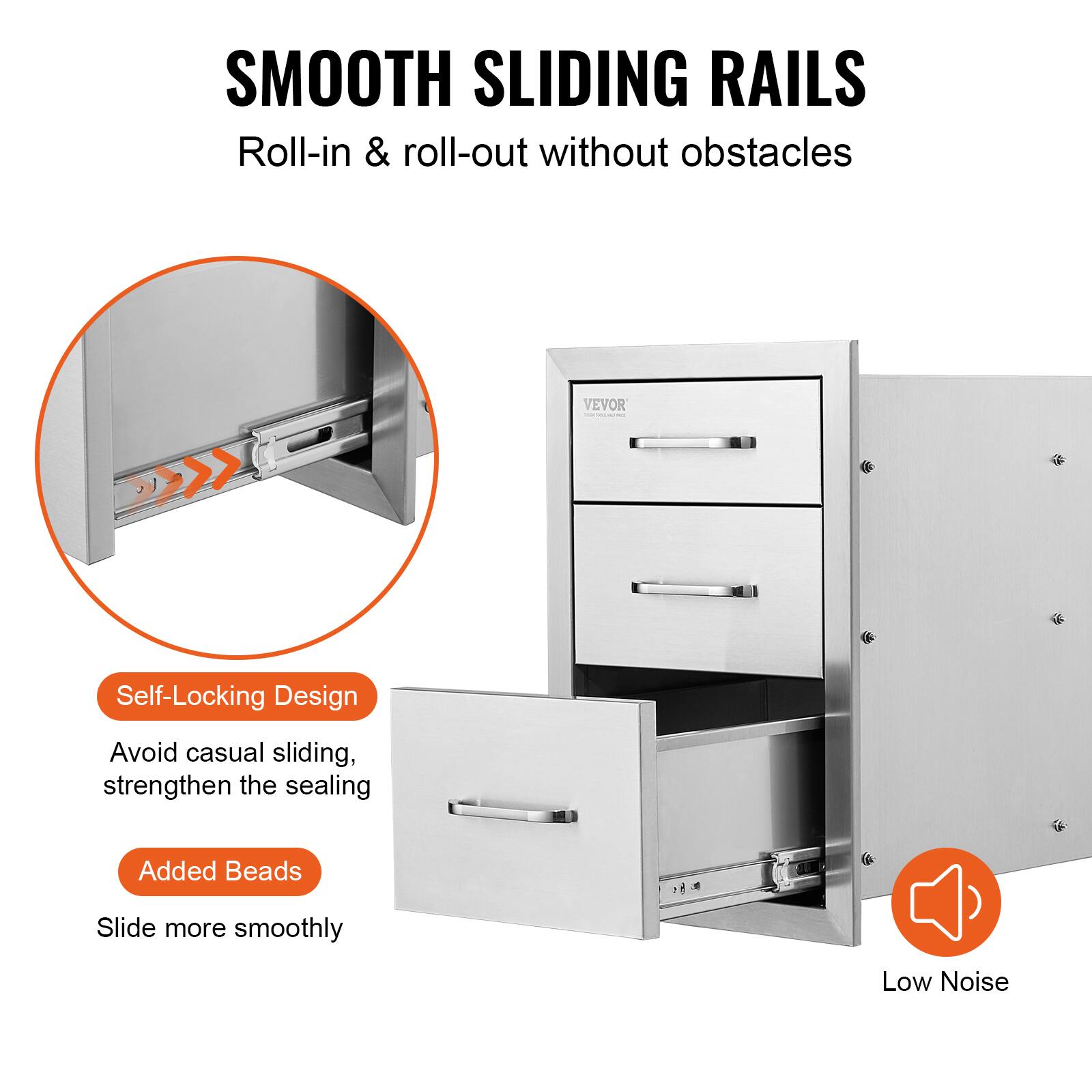 SMOOTH SLIDING RAILS  
Roll-in & roll-out without obstacles  

Self-Locking Design  
Avoid casual sliding, strengthen the sealing  

Added Beads  
Slide more smoothly  

Low Noise