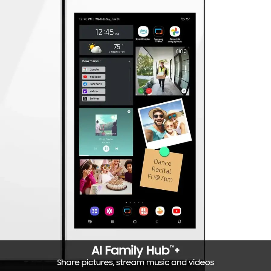 The image shows a cell phone screen displaying a variety of photos, including a picture of a man and a woman. The time displayed on the screen is 12:45 PM. The cell phone is likely being used to share pictures, stream music, and watch videos. The image is advertising the Al Family Hub+, which is a feature that allows users to share pictures, stream music, and watch videos.