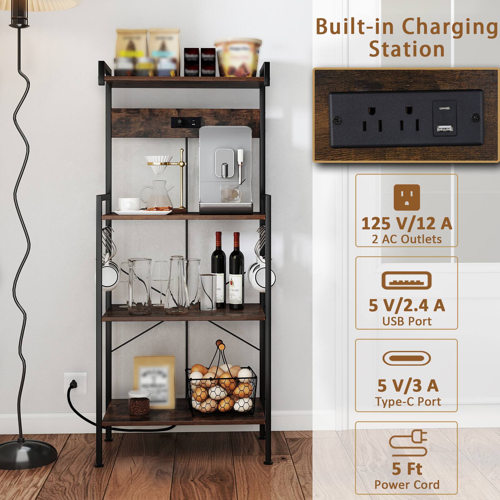 Built-in Charging Station

- 125 V/12 A
- 2 AC Outlets
- 5 V/2.4 A USB Port
- 5 V/3 A Type-C Port
- 5 Ft Power Cord
