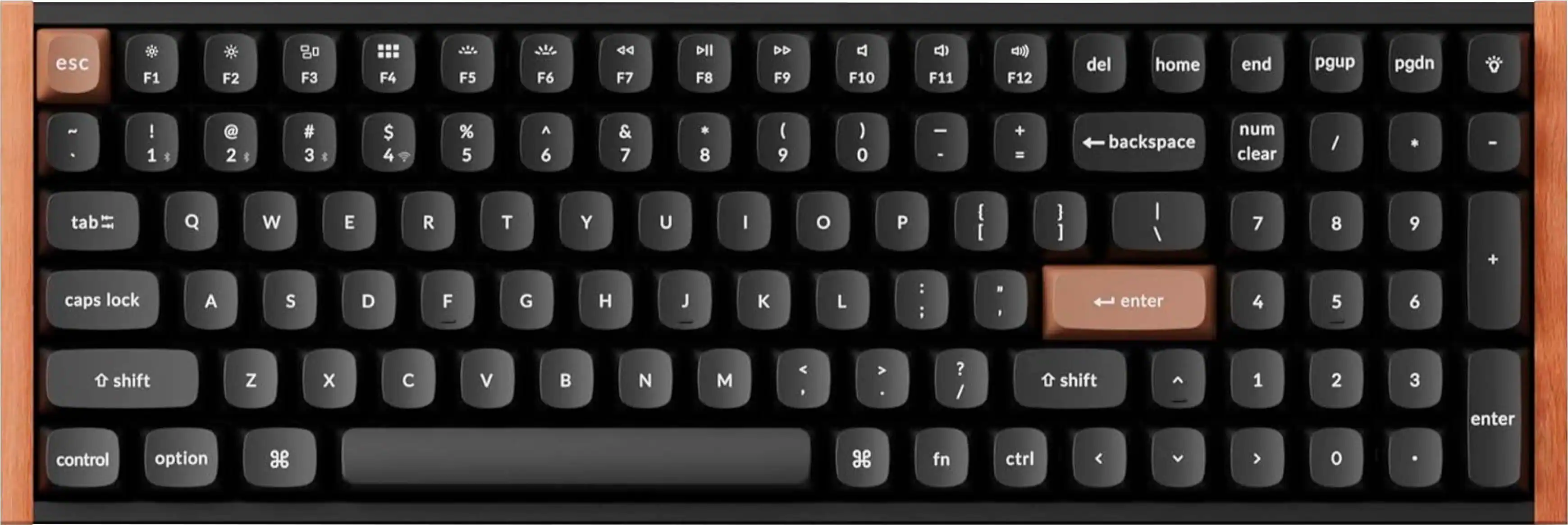 The text on the image is a list of keys on a keyboard. The keys are grouped as follows:

1. Function keys (F1 to F12)
2. Numeric keys (0 to 9)
3. Alphanumeric keys (A to Z and a to z)
4. Punctuation and special keys (e.g., !, @, #, $)
5. Navigation keys (e.g., arrow keys, home, end, page up, page down)
6. Modifier keys (e.g., shift, control, option, fn)

The image does not provide any information about the specific keyboard layout or the type of keyboard.