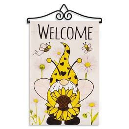 G128 - Combo Pack Garden Flag Hanger 14.2 in and 12 x 18 in Double-Sided Blockout Flag, Welcome Bee Gnome with Sunflower - Yellow