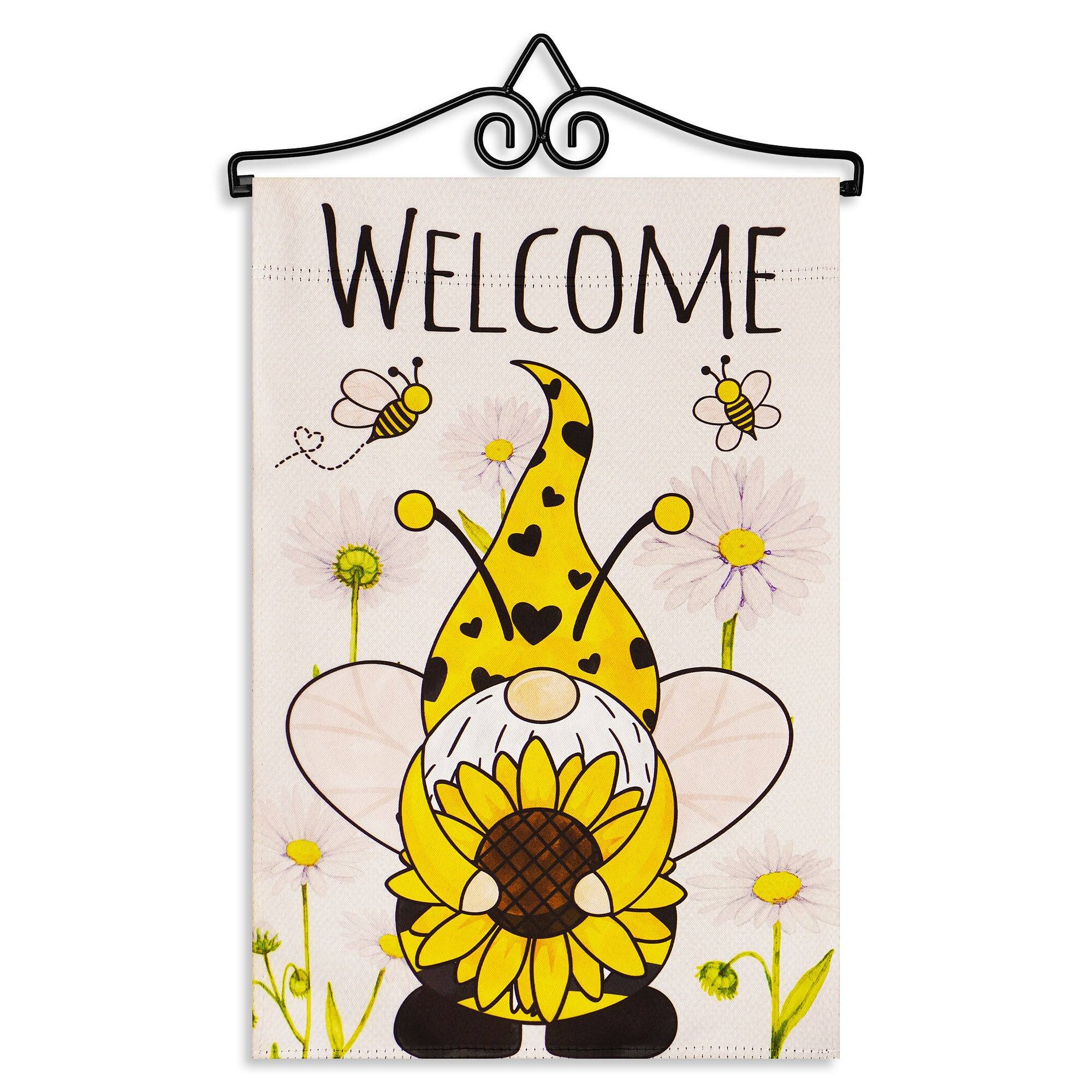 Front. G128 - Combo Pack Garden Flag Hanger 14.2 in and 12 x 18 in Double-Sided Blockout Flag, Welcome Bee Gnome with Sunflower. - Yellow.
