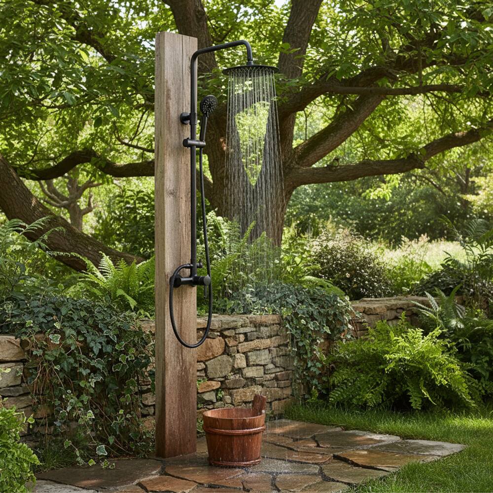 Alt View 2. Dazzed Corner - Dual Function Wall-Mounted SUS304 Outdoor Shower Faucet Set - Matte Black.