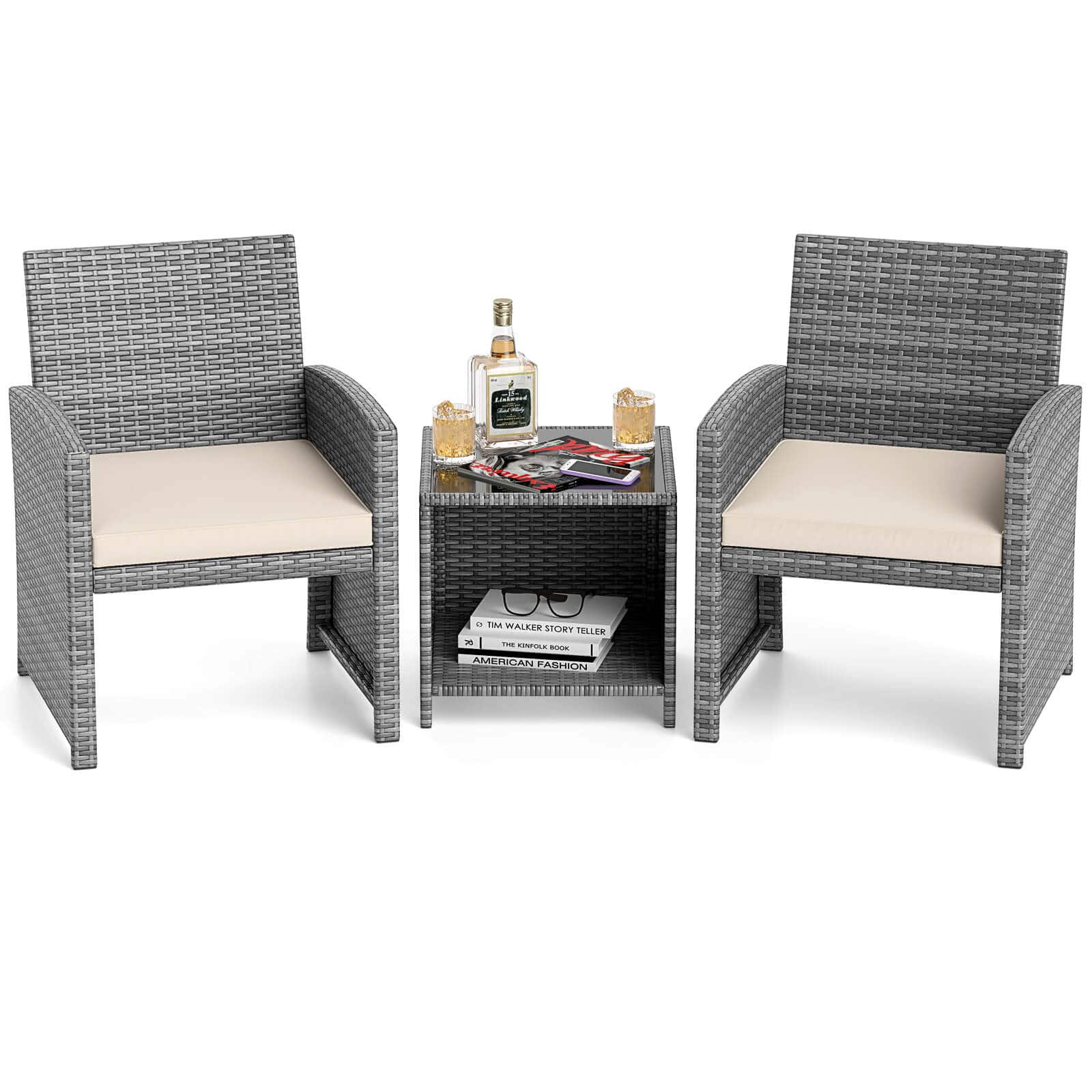 Costway - 3 PCS Patio Furniture Set with Tempered Glass Coffee Table & Soft Seat Cushions - White price history on PriceWatchPro