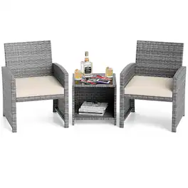 Costway - 3 PCS Patio Furniture Set with Tempered Glass Coffee Table & Soft Seat Cushions - White