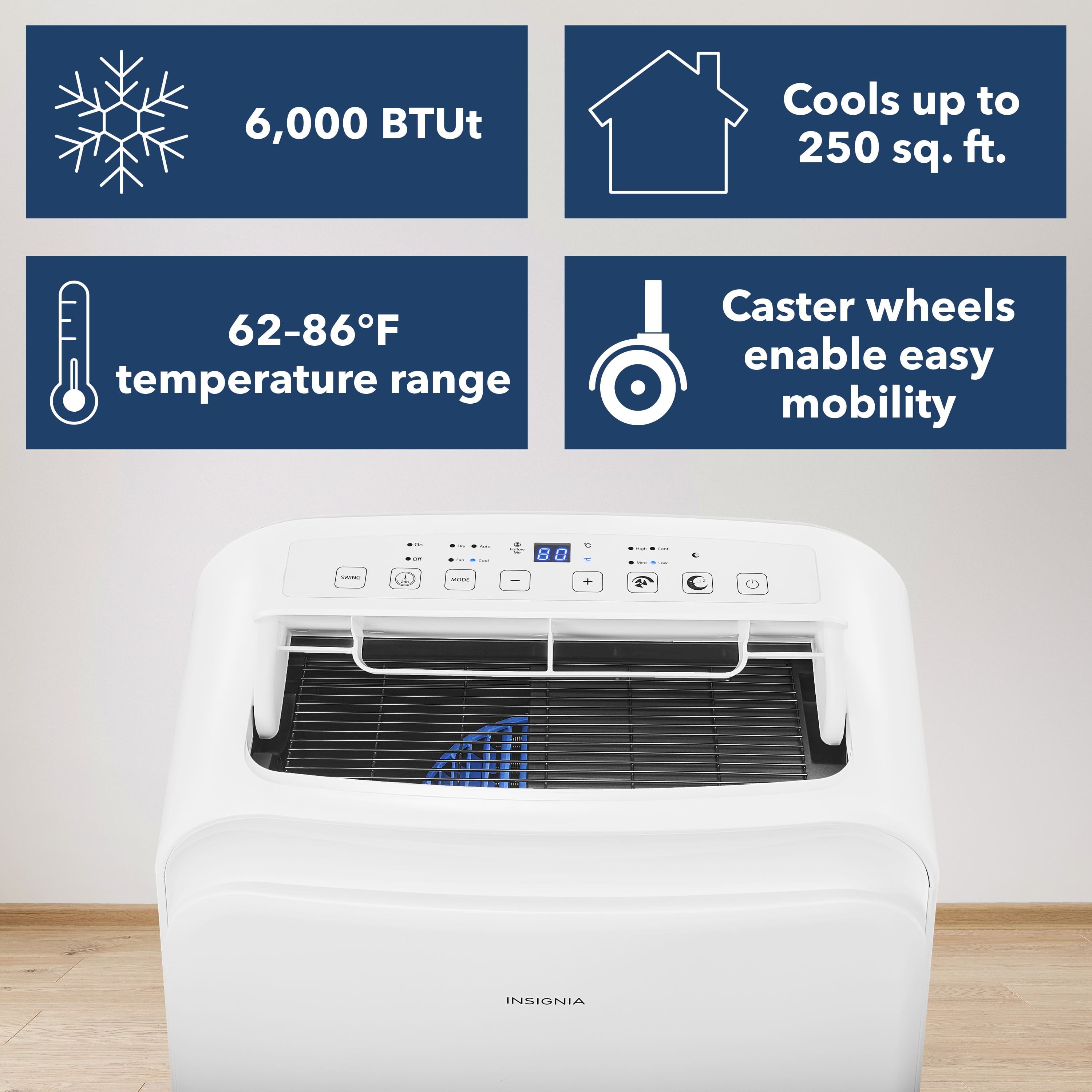 The text on the image is grouped and corrected as follows:
1. 6,000 BTUt Cools up to 250 sq. ft. 62-86F temperature range
2. Caster wheels enable easy mobility
3. 80 - 86F temperature range
4. Ete + Insignia