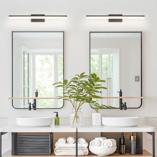 Left. LUCKY ONE - 32in Wall Mount LED Vanity Light, 18W Black Bathroom Fixture with 5 CCT Color Temperature - Black.