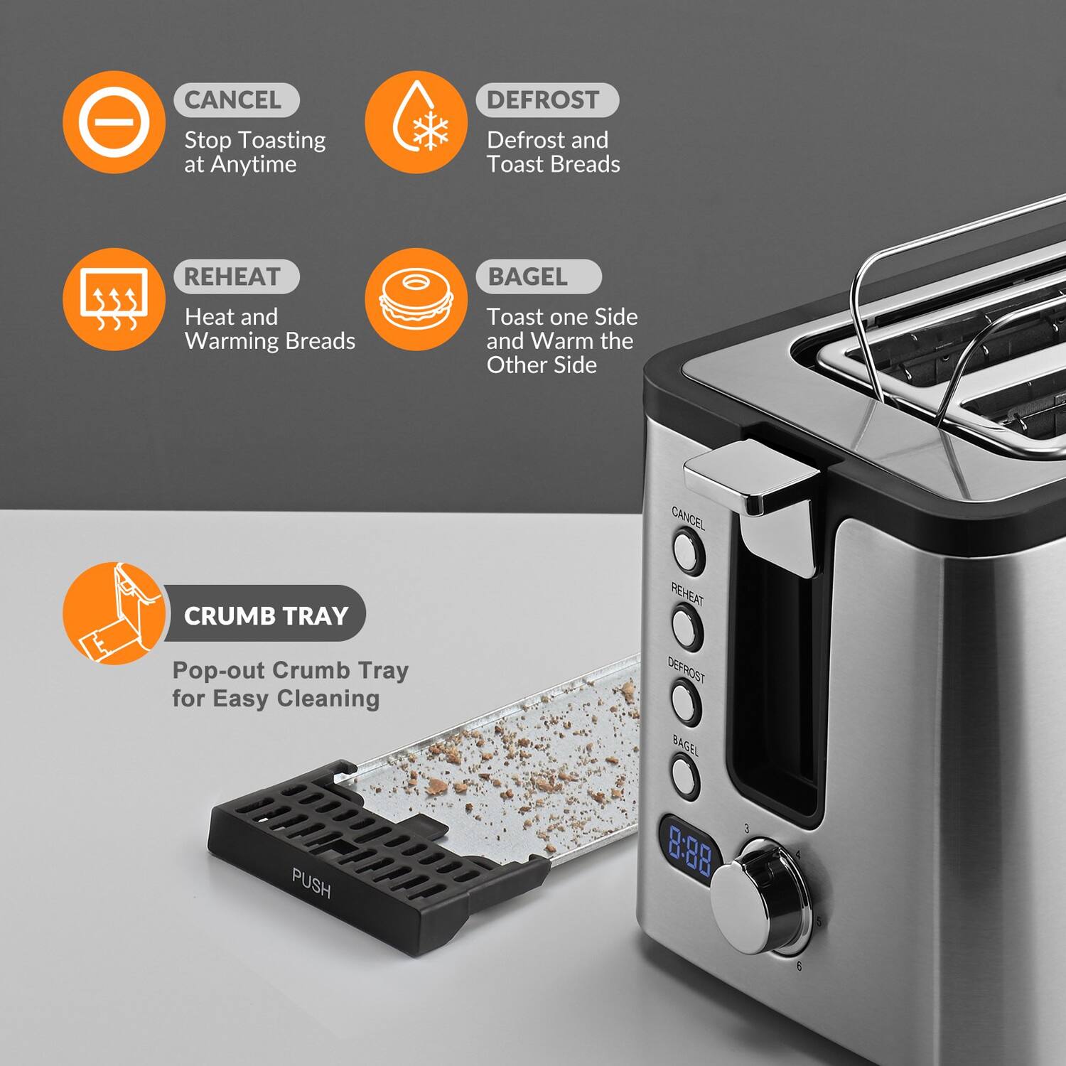 - CANCEL: Stop Toasting at Anytime
- DEFROST: Defrost and Toast Breads
- REHEAT: Heat and Warm Breads
- BAGEL: Toast one Side and Warm the Other Side
- CRUMB TRAY: Pop-out Crumb Tray for Easy Cleaning
- CANCEL O REHEAT O DEFROST O BAGEL
- 8:38