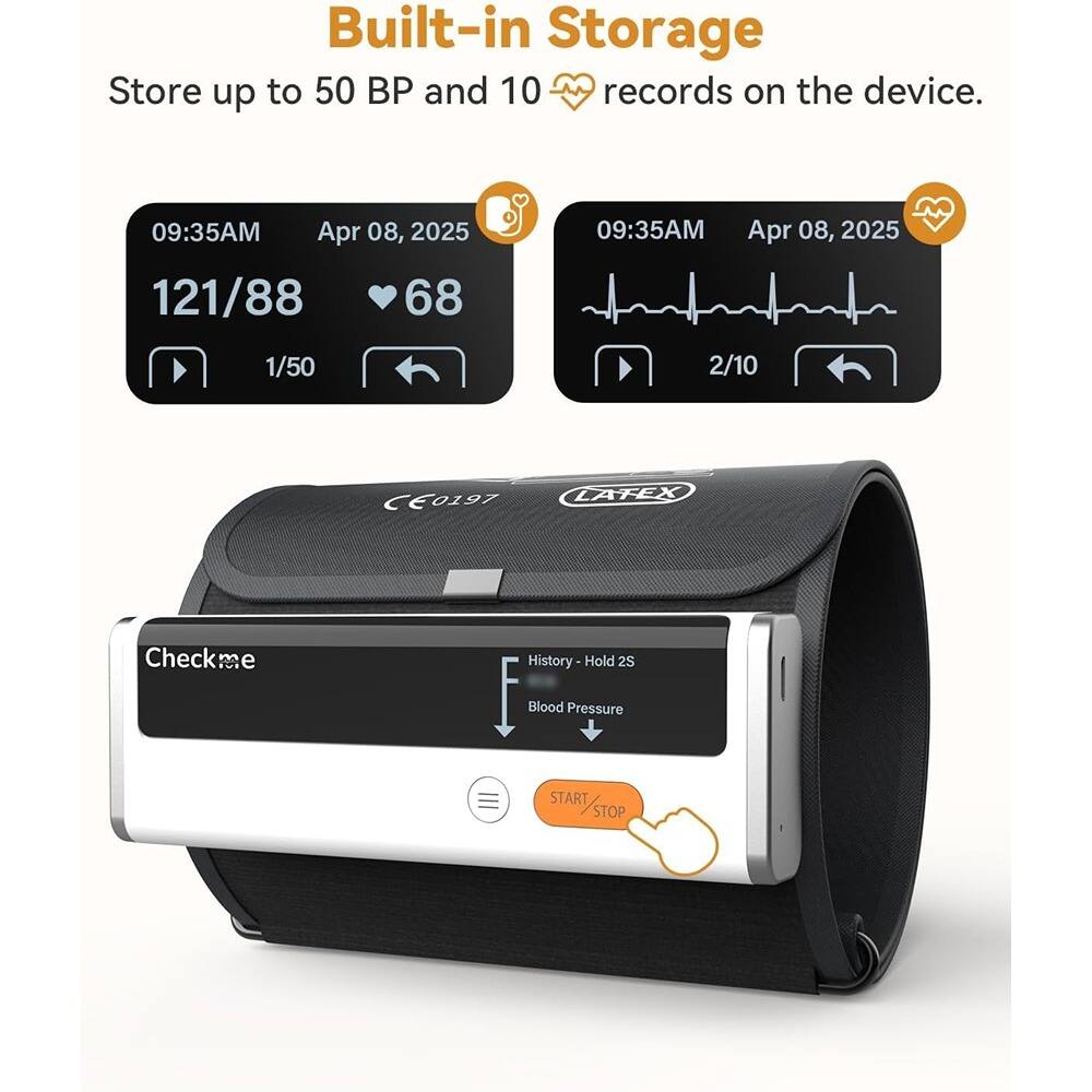 Built-in Storage  
Store up to 50 BP and 10 records on the device.

09:35AM Apr 08, 2025  
121/88  
68  
1/50

09:35AM Apr 08, 2025  
2/10

Check me  
History - Hold 2S  
Blood Pressure  
START/STOP