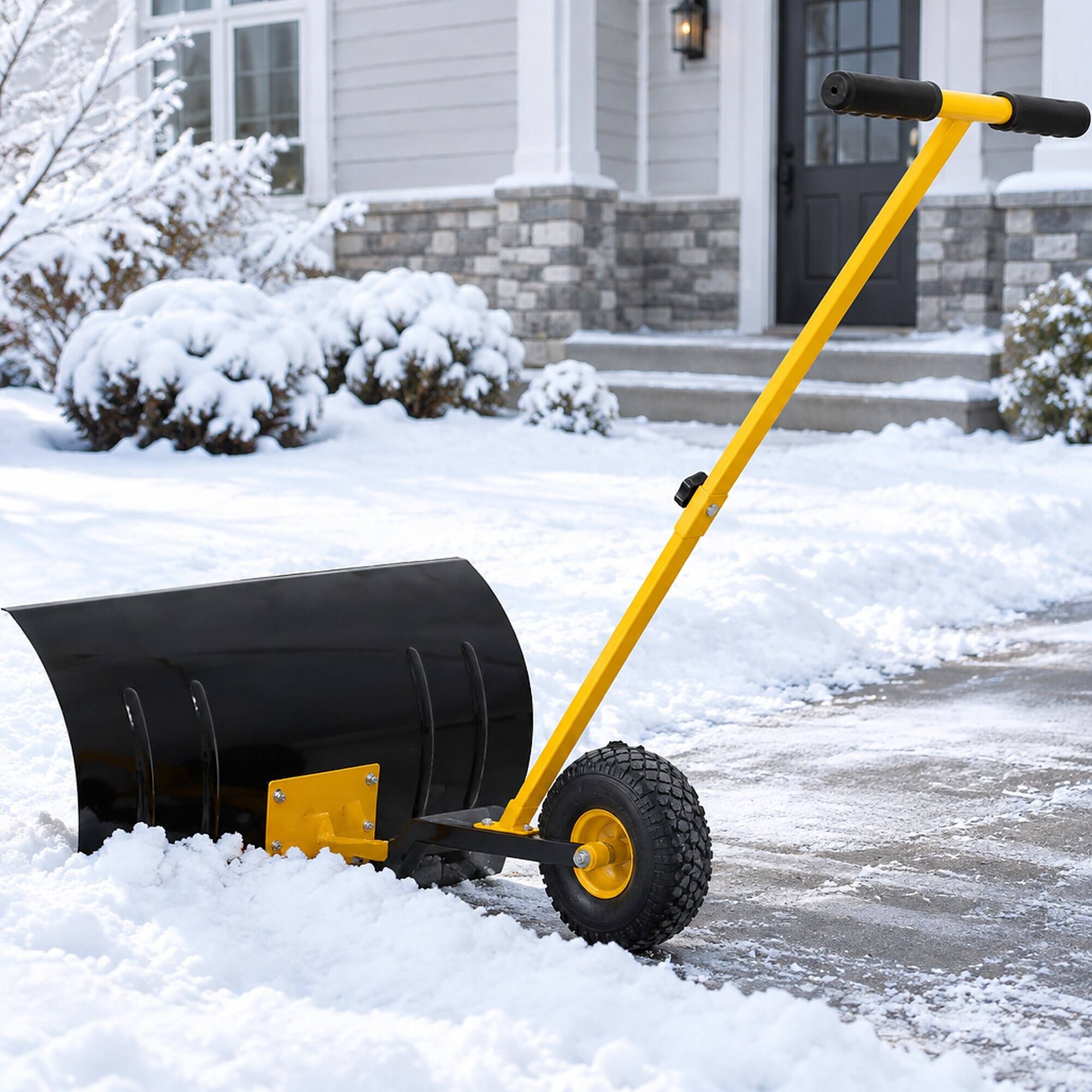 Alt View 1. RYHNUYNE - Snow Shovel with Wheels, 29 in Blade, 10 in Rubber Wheels, Adjustable Handle, Yellow - Yellow.