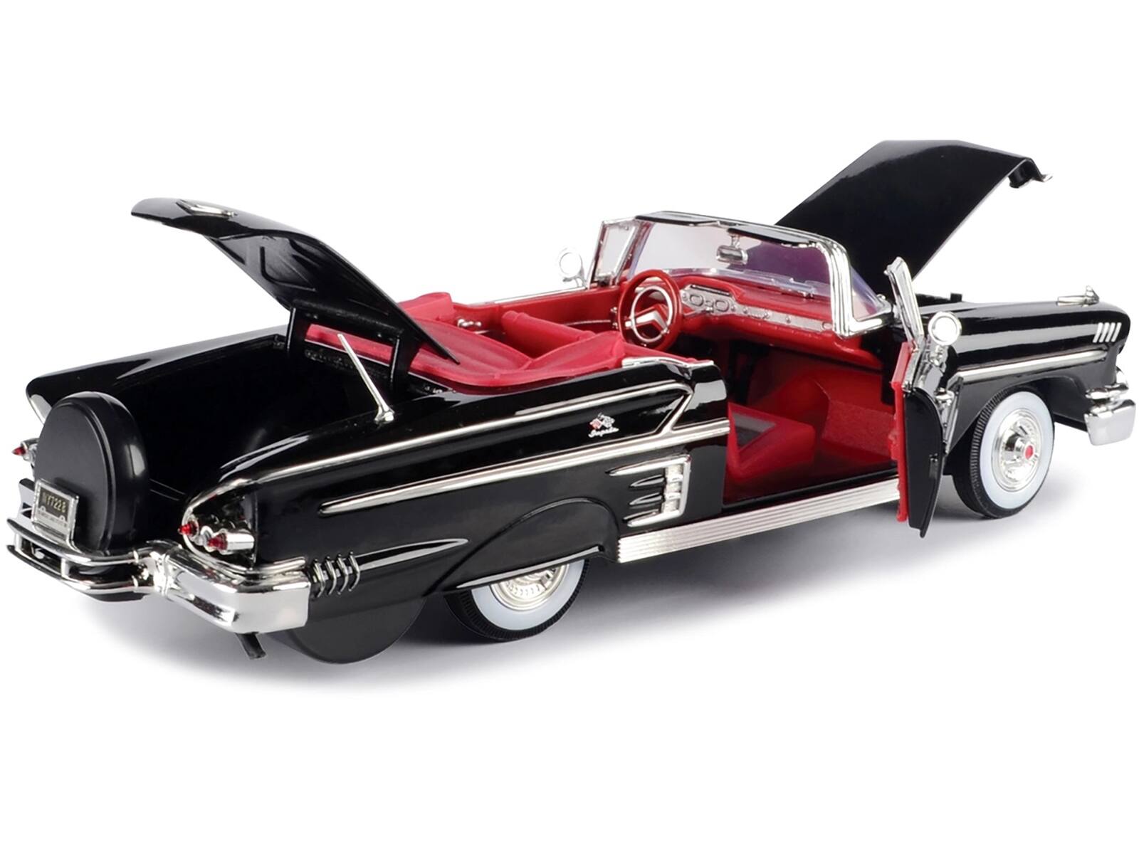 Alt View 2. Motormax - 1958 Chevrolet Impala Convertible Black with Red Interior "Timeless Classics" 1/18  Diecast Model Car by Motormax.