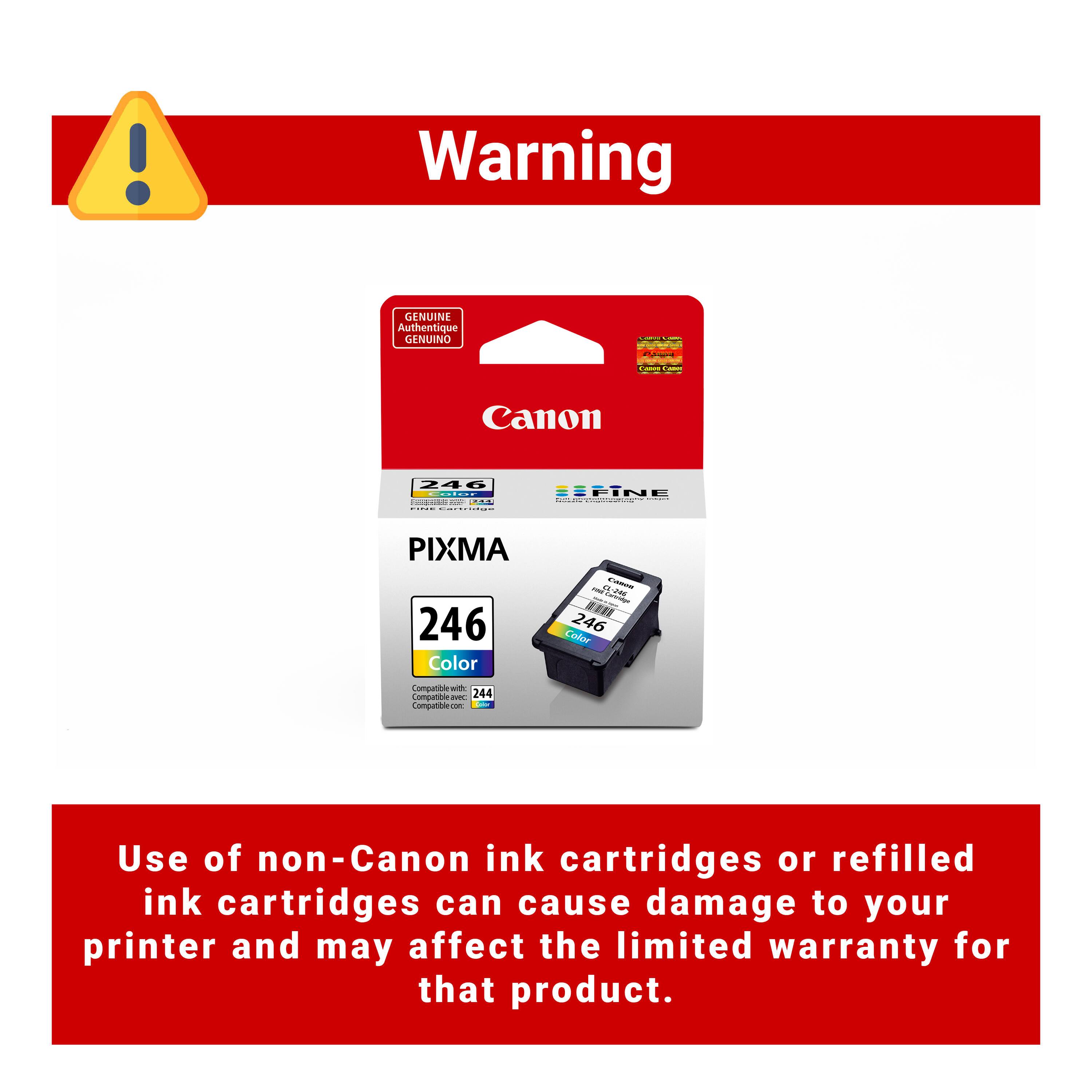 Warning GENUINE Authentique Canon 246 PIXMA 246 Color Compatible - Compatible - Use of non-Canon ink cartridges or refilled ink cartridges can cause damage to your printer and may affect the limited warranty for that product.