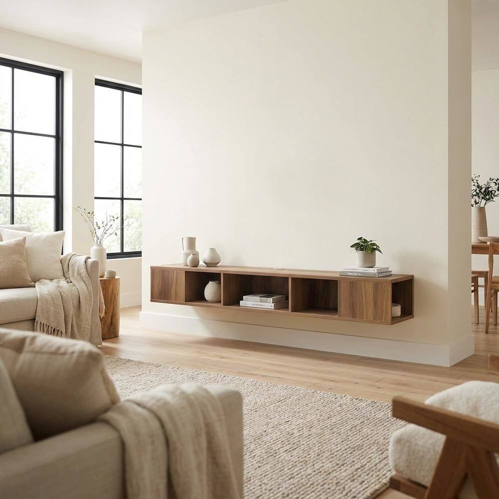 Alt View 2. FurniFact - Walnut Floating TV Stand with Wall Mount Design and Engineered Wood Finish - Brown.