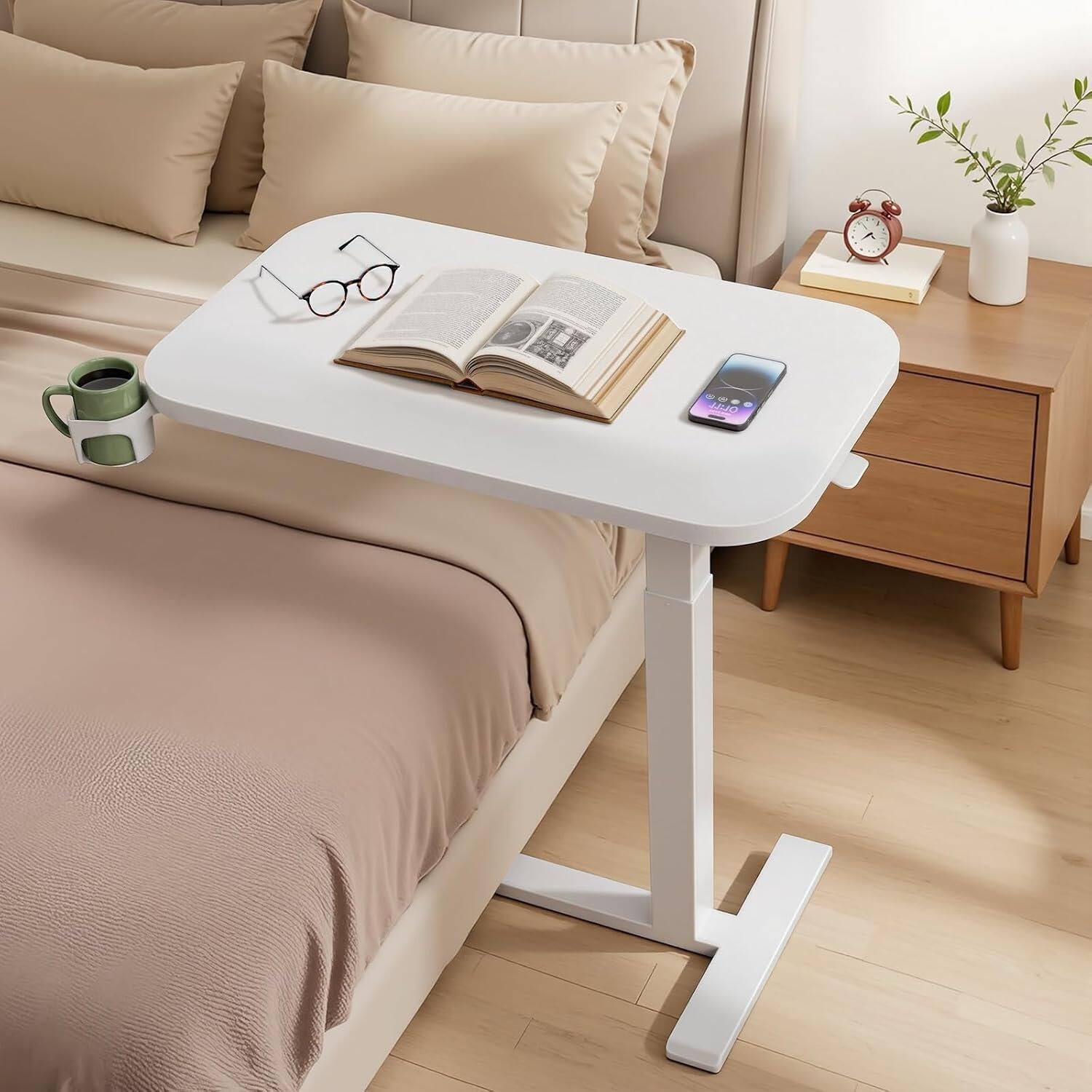 Left. Marsail - Overbed Table, Pneumatic Height Adjustable Rolling Bedside Table 26.8"-44.1" with 360° Hideable Cup Holder - White.