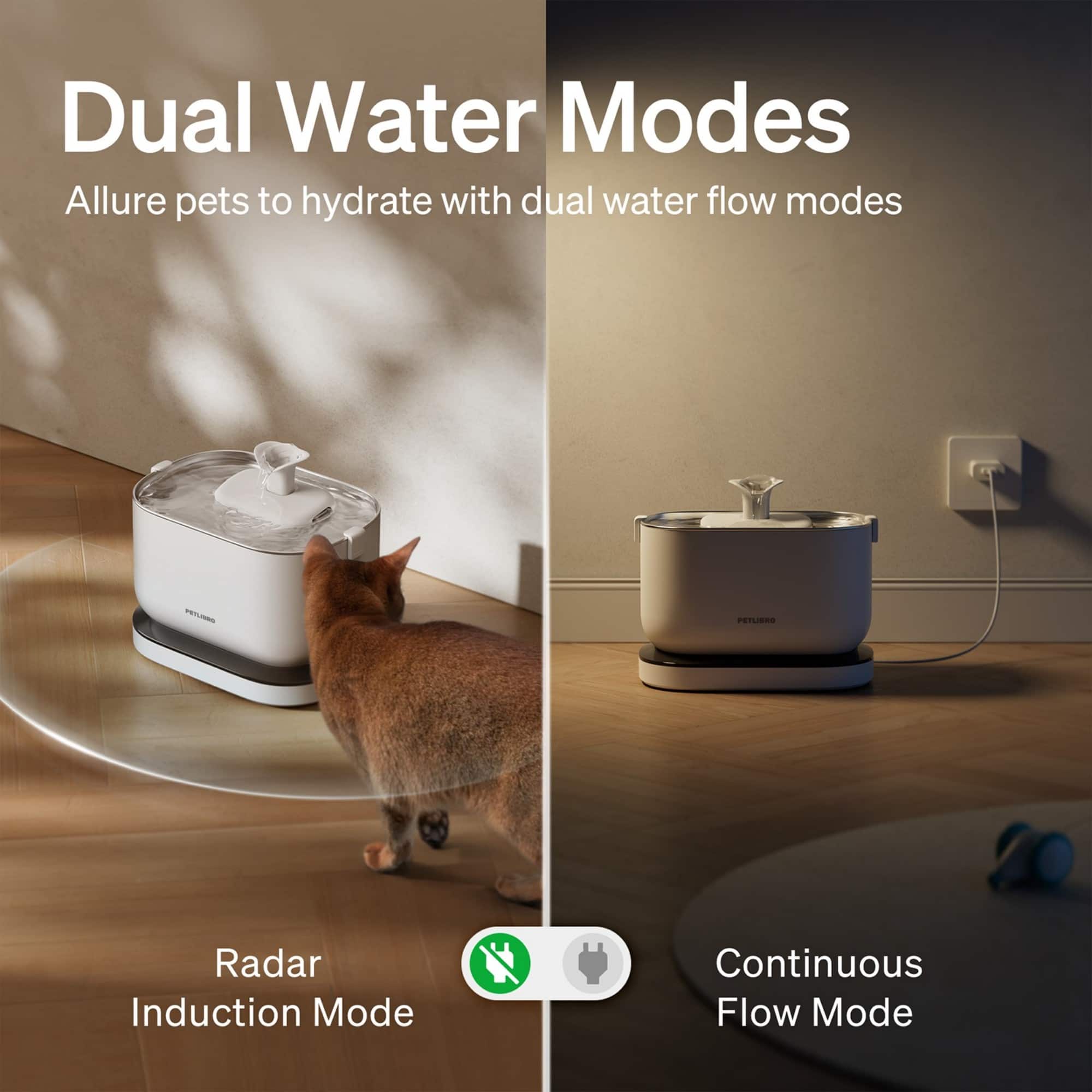 Dual Water Modes: Allure pets to hydrate with dual water flow modes. PetLierO Radar Induction Mode: Continuous Flow Mode.