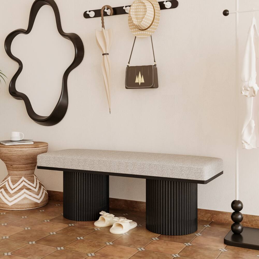 Left. Ropilly - Ropilly Light Grey Boucle Upholstered Bed End Bench with Black Chunky Legs, Contemporary Entryway Seating - Light Grey.
