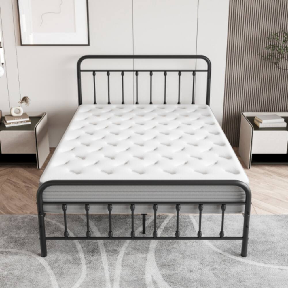 Left. LUCKY ONE - Full Size Metal Platform Bed Frame with Victorian Headboard and Footboard, Steel Slats, No Box Spring Needed - Black.