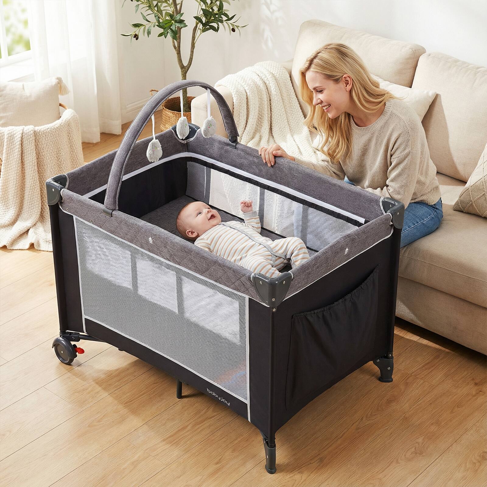 Alt View 1. Gymax - Gymax 3 in 1 Pack & Play w/ Toy Bar Diaper Changing Table w/ Safety Belt - Gray.