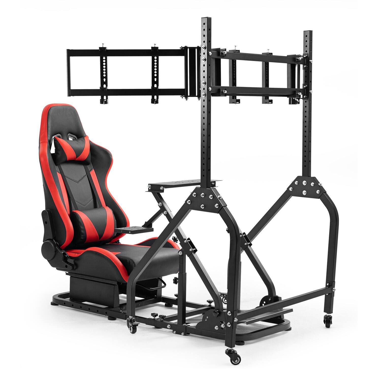 Front. Dardoo - Dardoo Sim Racing Cockpit with Red Seat & Wheeled Triple Monitor Mount, Wheel, Pedals & Handbrake Not Included - Black/Red.