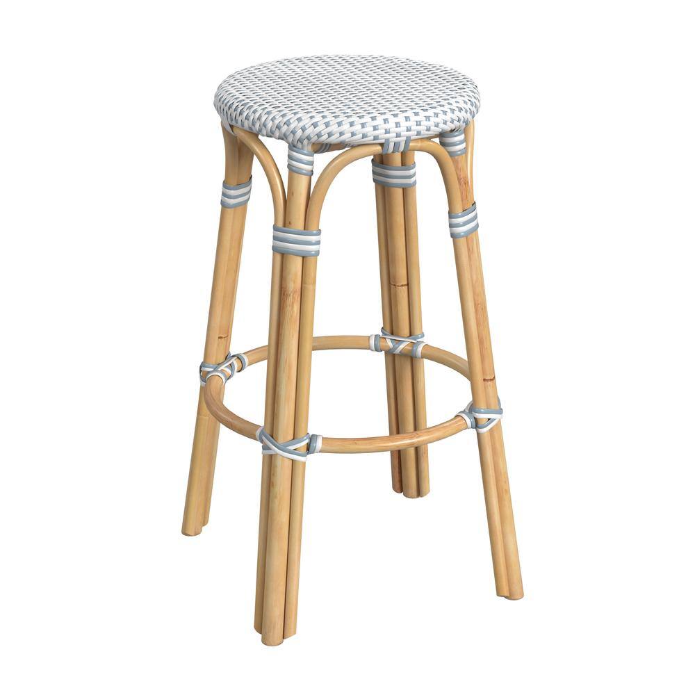 Alt View 4. Butler Specialty - Tobias Round Rattan 30" Bar Stool, White and Sky Blue Dot - White And Sky Blue Dot.