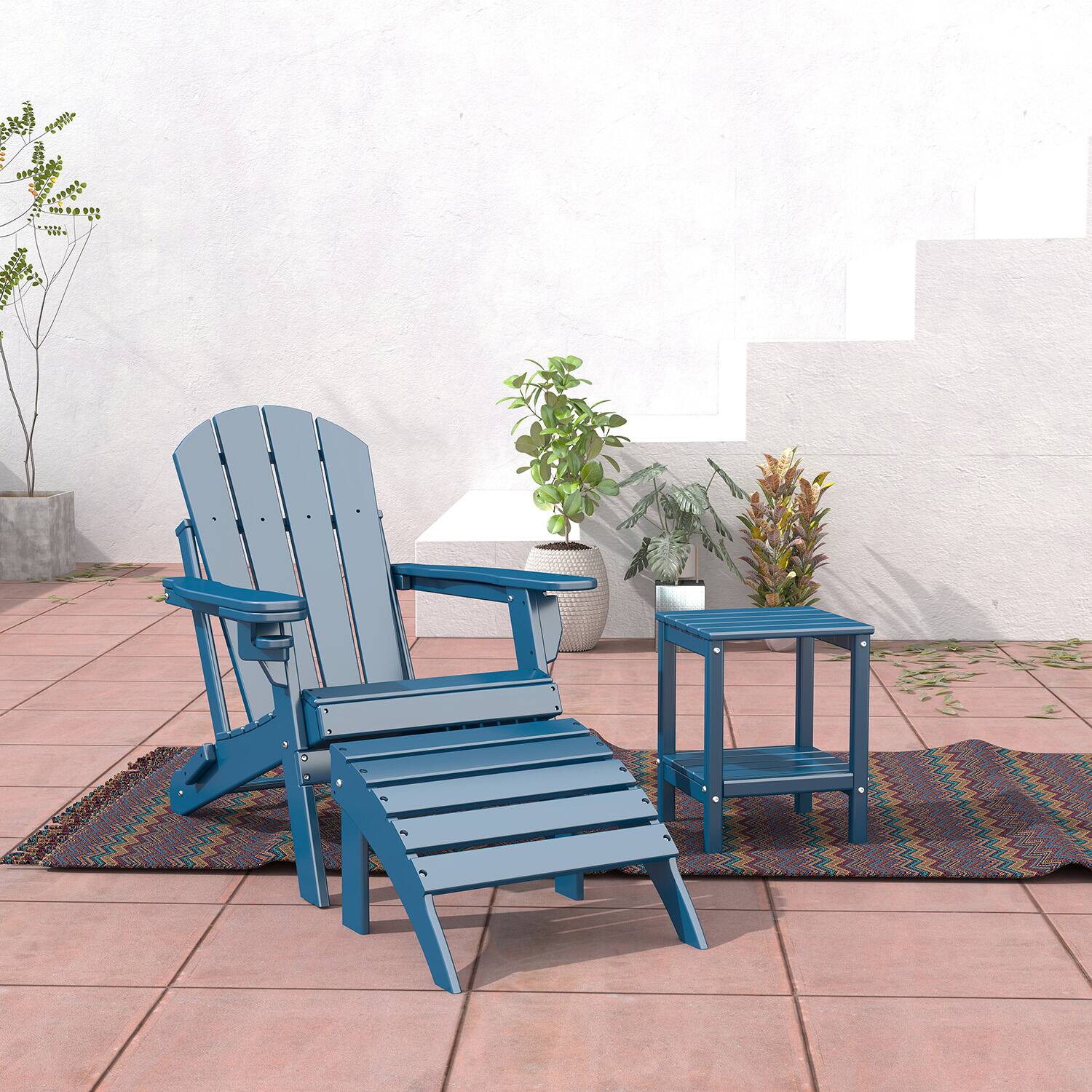Alt View 2. FODINGHILL - HDPE Adirondack Ottoman, All weather Footrest for Patio & Garden - Blue.