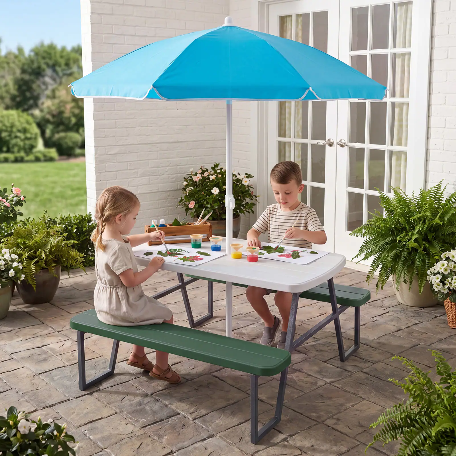 Alt View 4. Costway - Costway Kids Picnic Table with Benches Removable Adjustable Umbrella Metal Frame for Patio - Green.