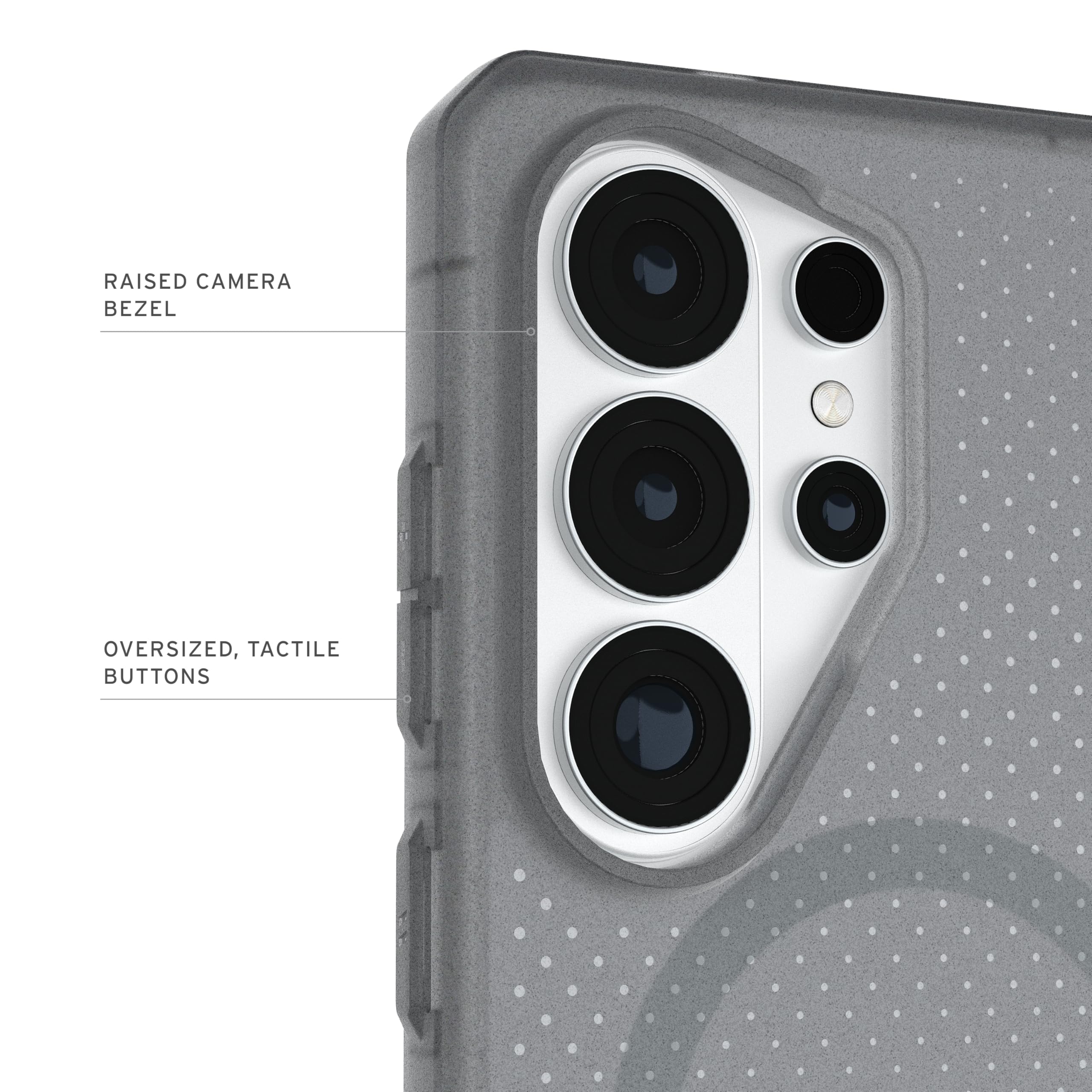 RAISED CAMERA BEZEL  
OVERSIZED, TACTILE BUTTONS