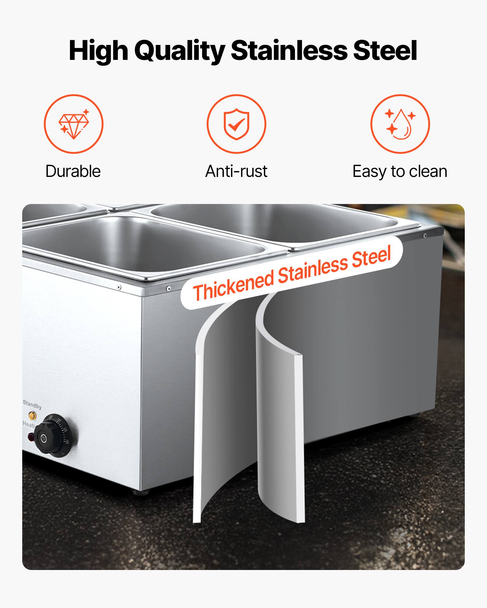 High Quality Stainless Steel  
+  
Durable  
Anti-rust  
Easy to clean  
Stainless Steel Thickened  
Standby Heat