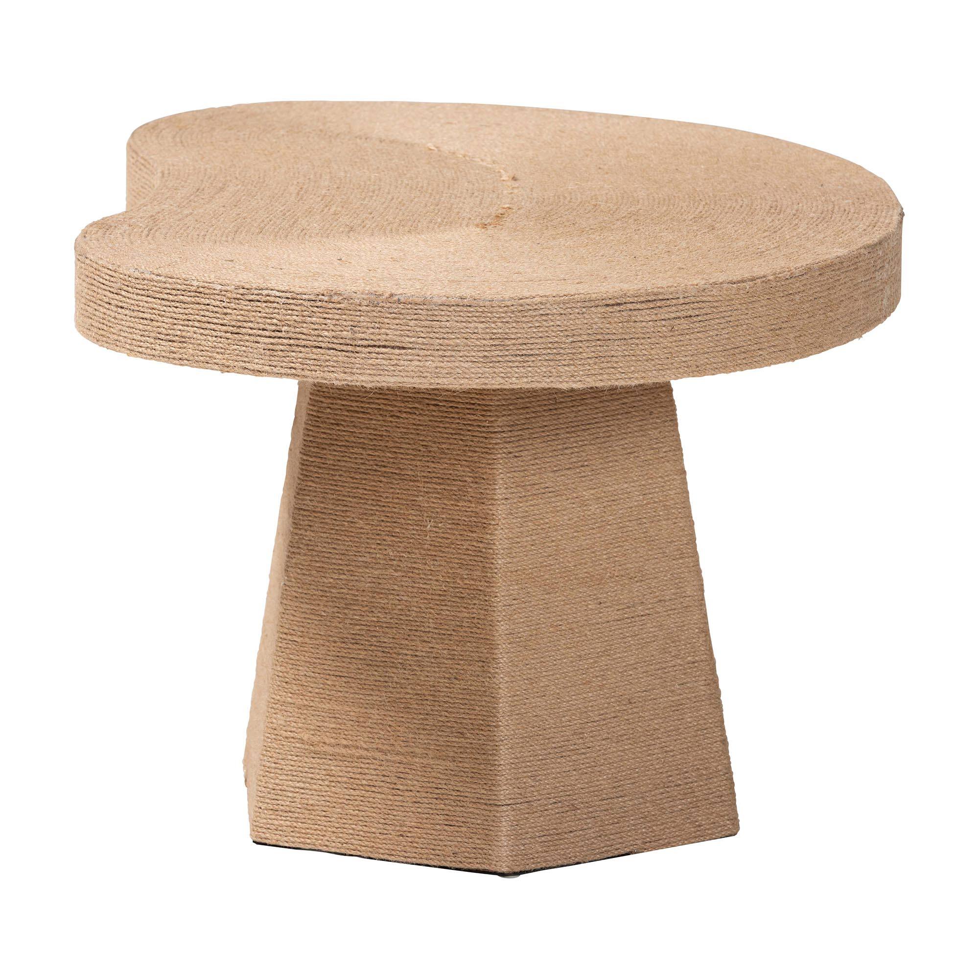 Left. bali & pari - Lenka Natural Jute Coffee Table - Textured Handwoven Cocktail Table with Sculptural Base and Irregular Top - Natural Brown.