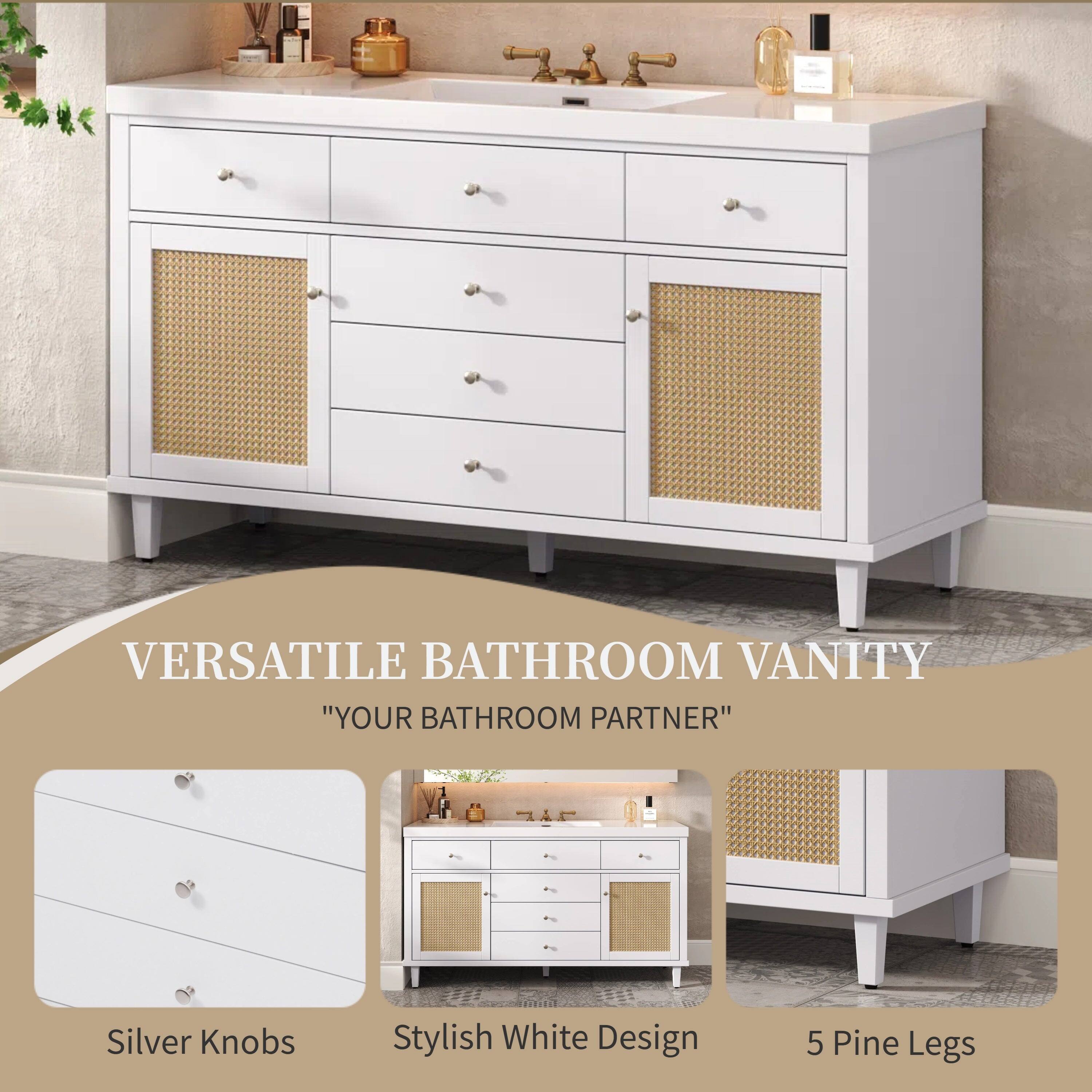VERSATILE BATHROOM VANITY  
"YOUR BATHROOM PARTNER"  

Silver Knobs  
Stylish White Design  
5 Pine Legs