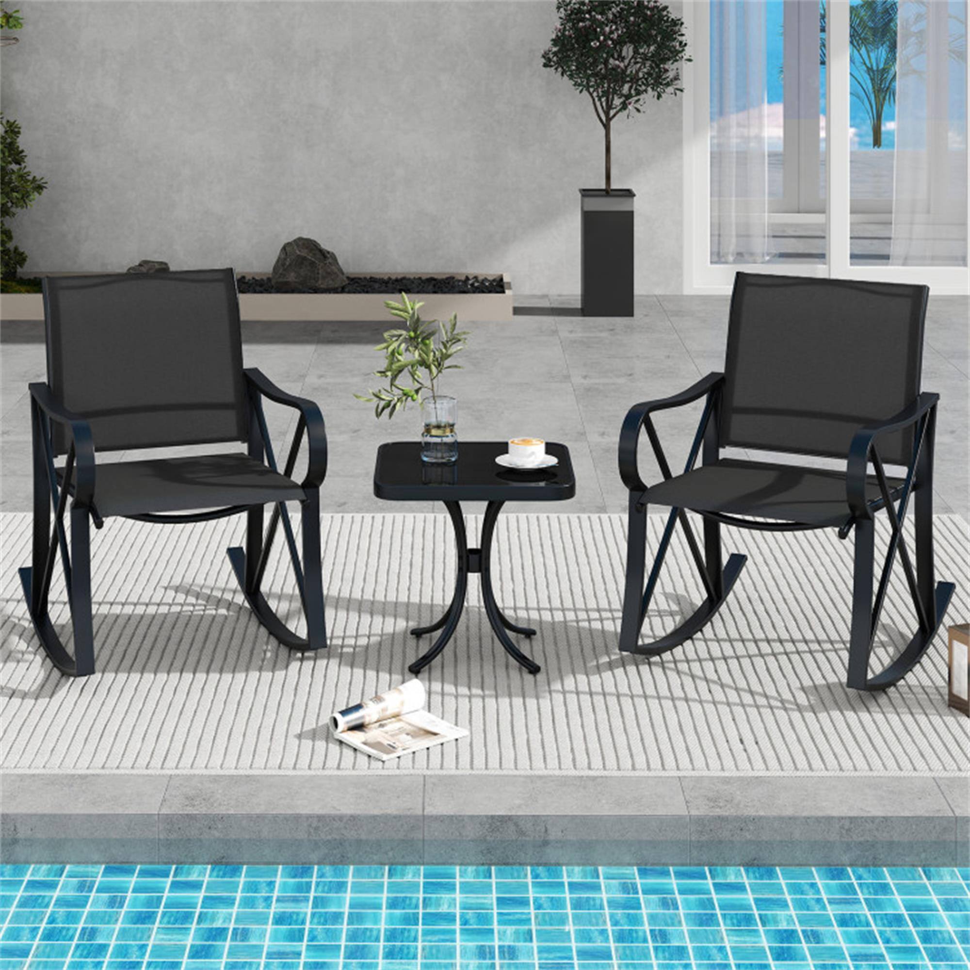 Alt View 2. Boyel Living - Black 3 Piece Patio Rocking Set with Smooth Rocking Motion Outdoor Rocker Chair Bistro 32.5-in L x 29-in W x 22.5-in H - Black.