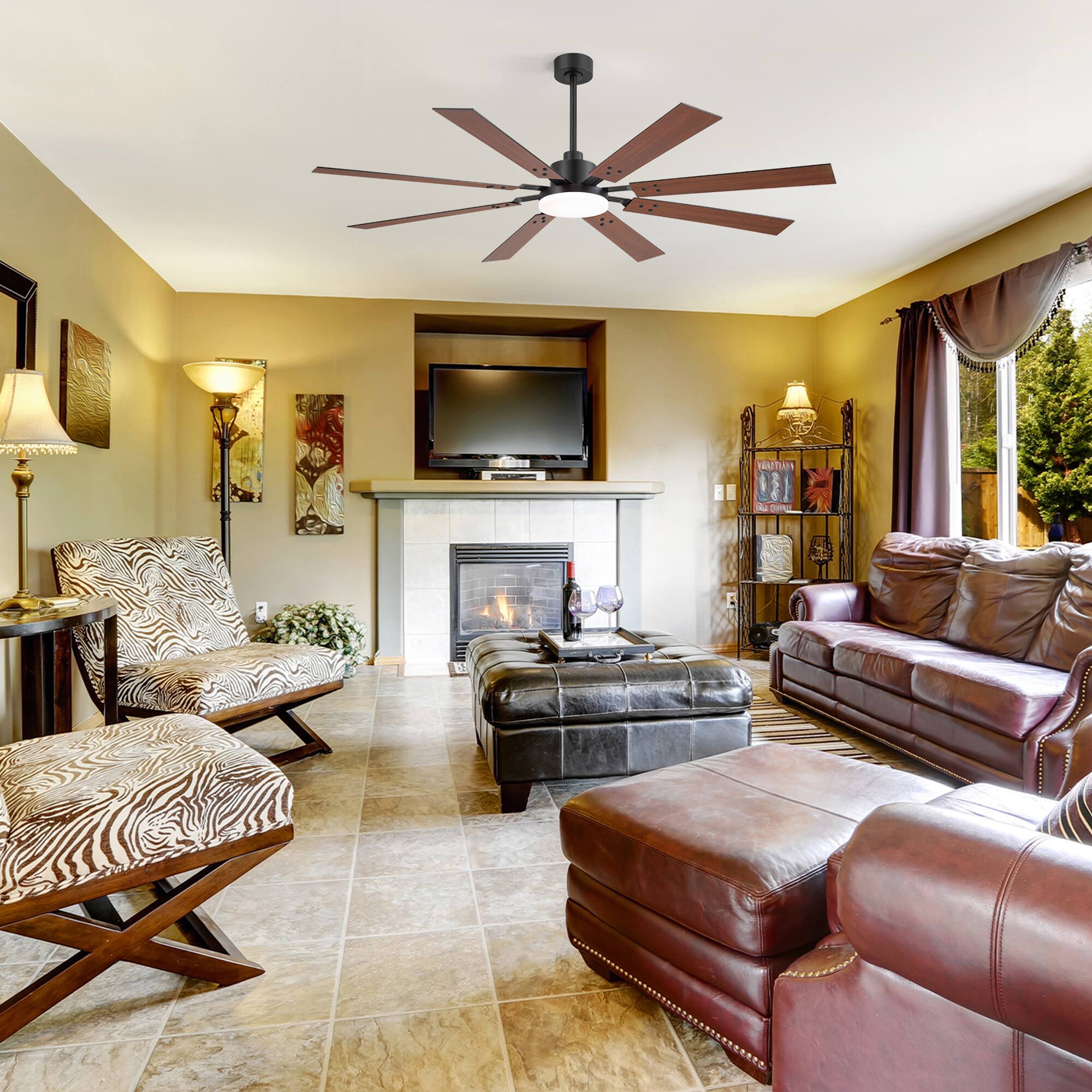 Back. Breezary - 72'' Ceiling Fan with 8 Plywood Blades, 3-Color Light, 6-Speed DC Motor, 6"/20" Downrods, Remote with Timer - Matte Black and Dark Wood Grain.