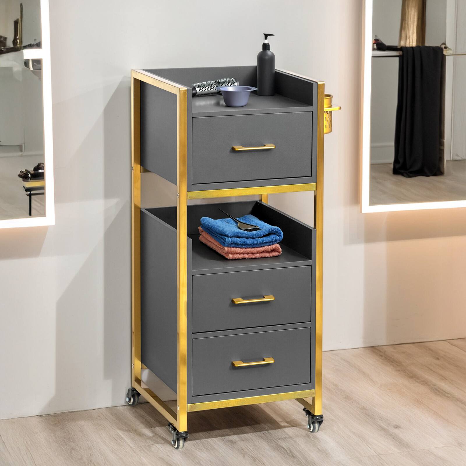 Left. Winado - Salon Trolley Cart, Hair Styling Station with 3 Drawers, 2 Open Shelf & Tool Holders, Mobile Storage Cabinet for Barber - Gray.