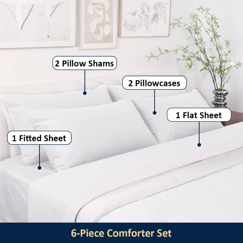 2 Pillow Shams  
2 Pillowcases  
1 Flat Sheet  
1 Fitted Sheet  
6-Piece Comforter Set
