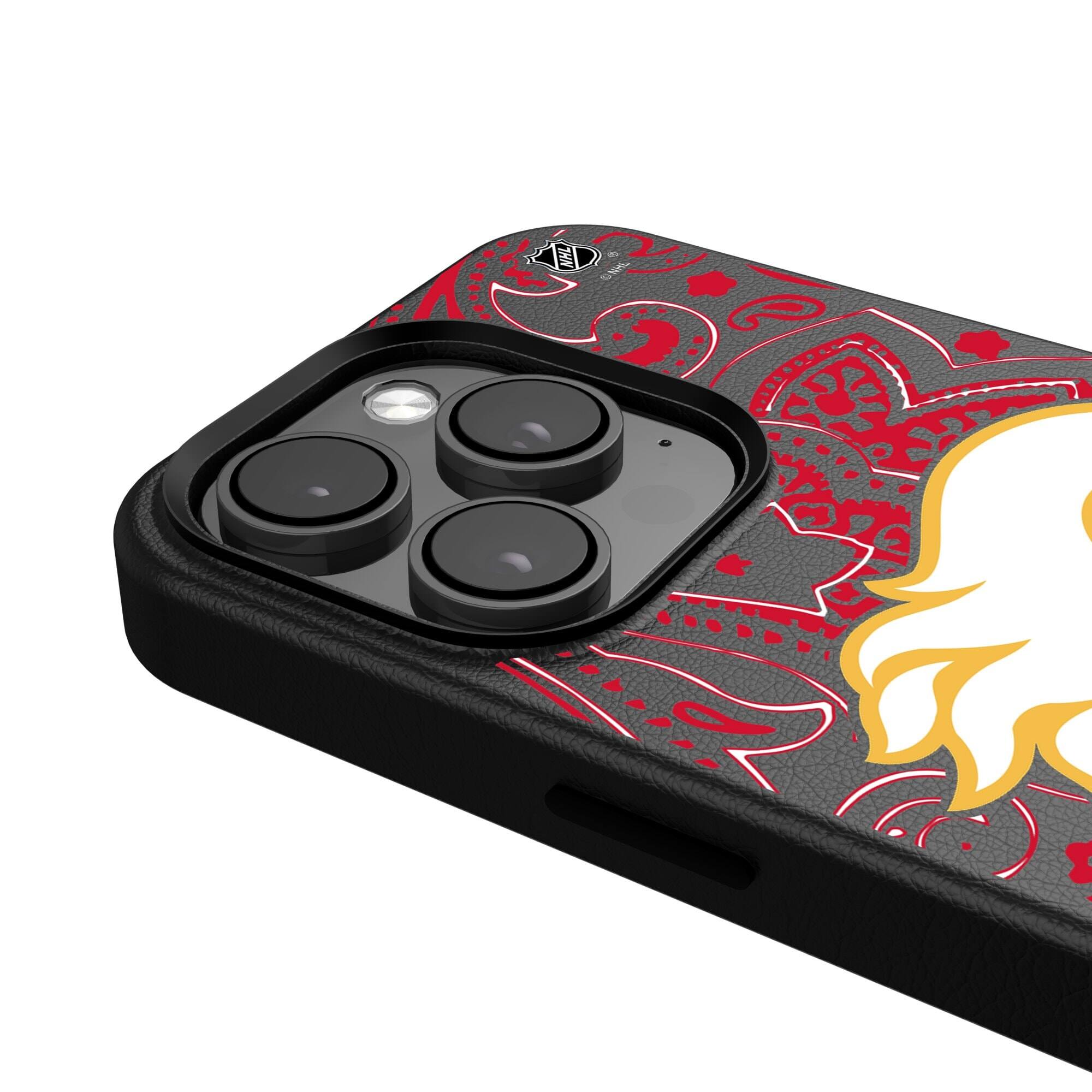 Alt View 3. Keyscaper - Black Calgary Flames Paisley iPhone Magnetic Bump Case - 15 Plus - Black.