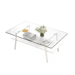 Ecooso - Rectangle Coffee Table with Tempered Glass top and White Metal Legs, Modern Table for Living Room - Transparent