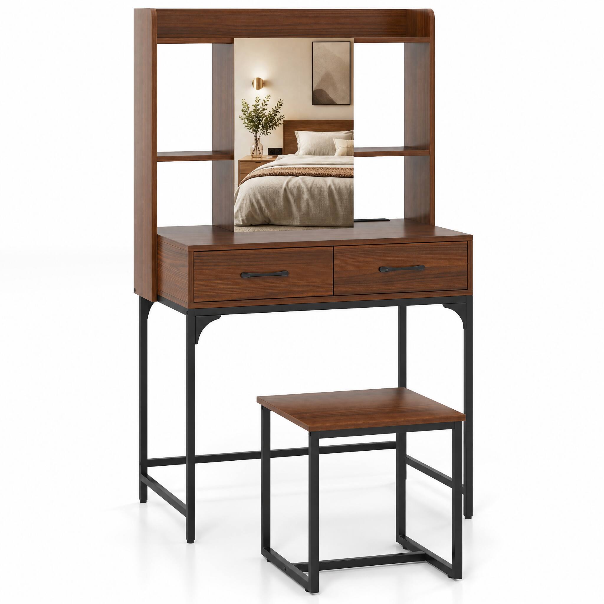 Left. WELLFOR - Makeup Vanity Desk with Mirror Door Cabinet,Charging Station,2 Drawers and Matching Stool for Bedroom Dorm Apartment - Walnut.