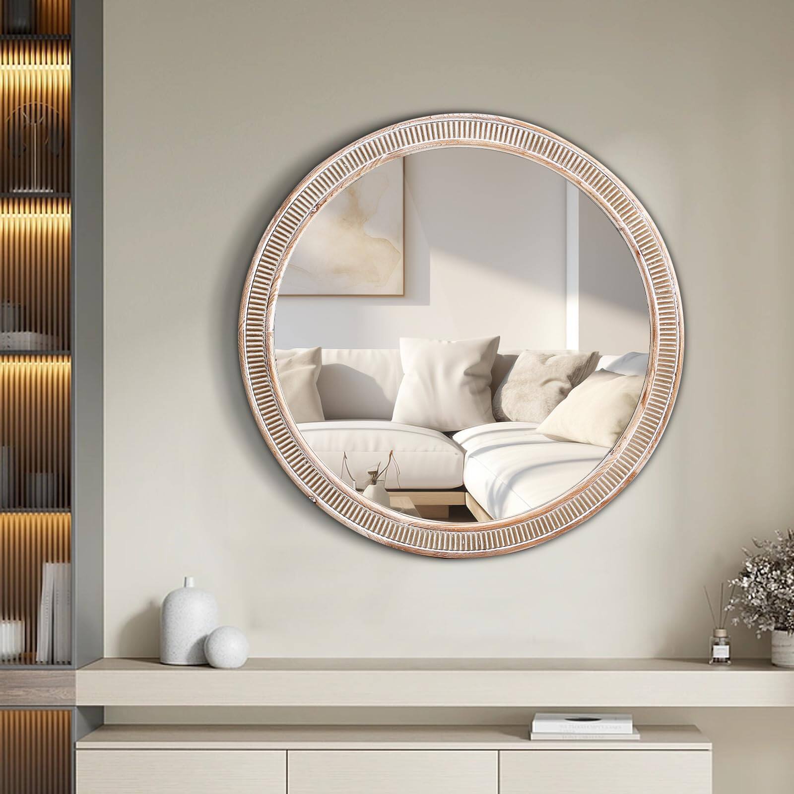 Cedar Assembly - Arched Window Wall Mirrors With Grids Farmhouse Wooden Arch Mirror For Dresser Bedroom Stairways Entryway - Round 30 in