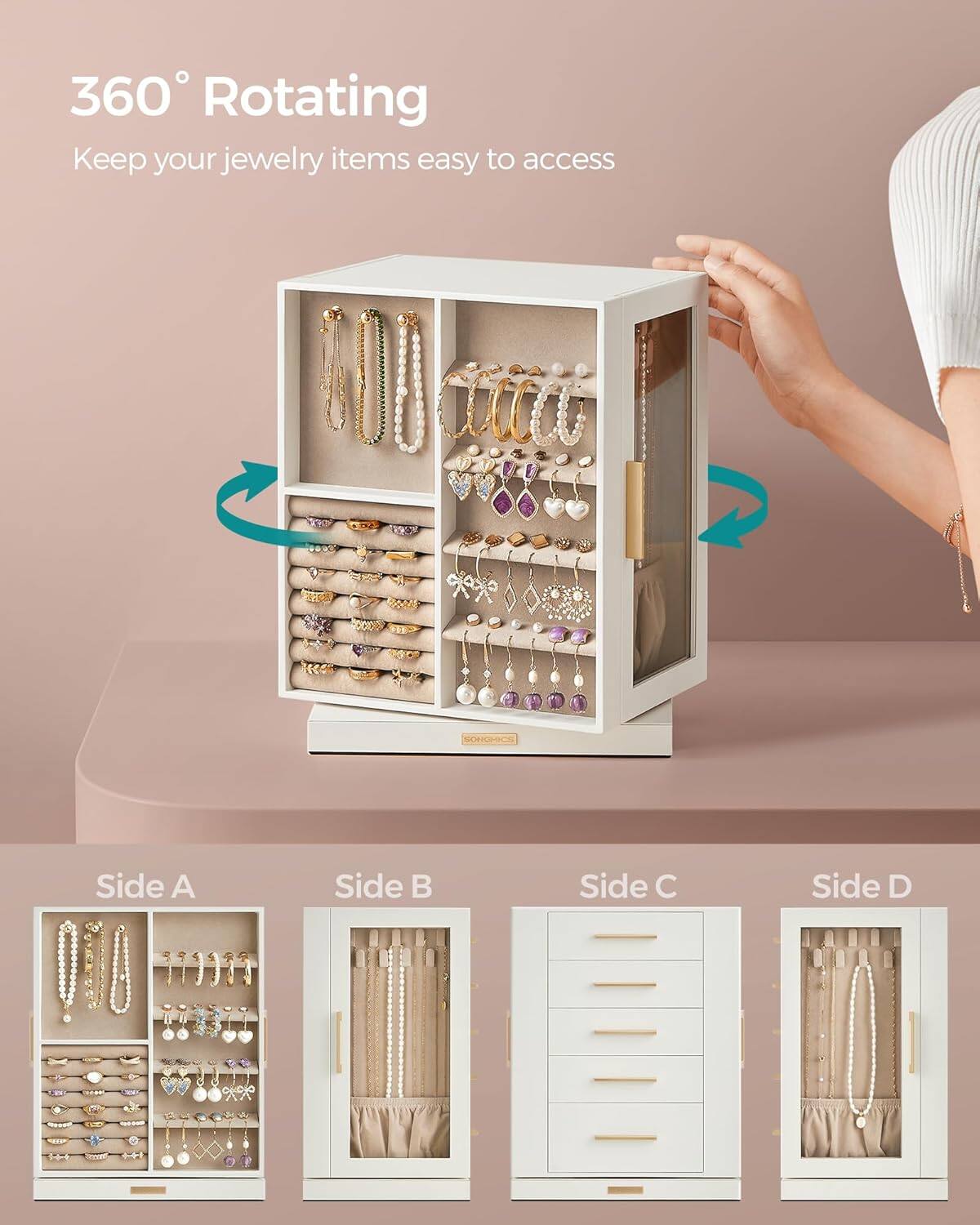 360° Rotating  
Keep your jewelry items easy to access  

Side A  
Side B  
Side C  
Side D