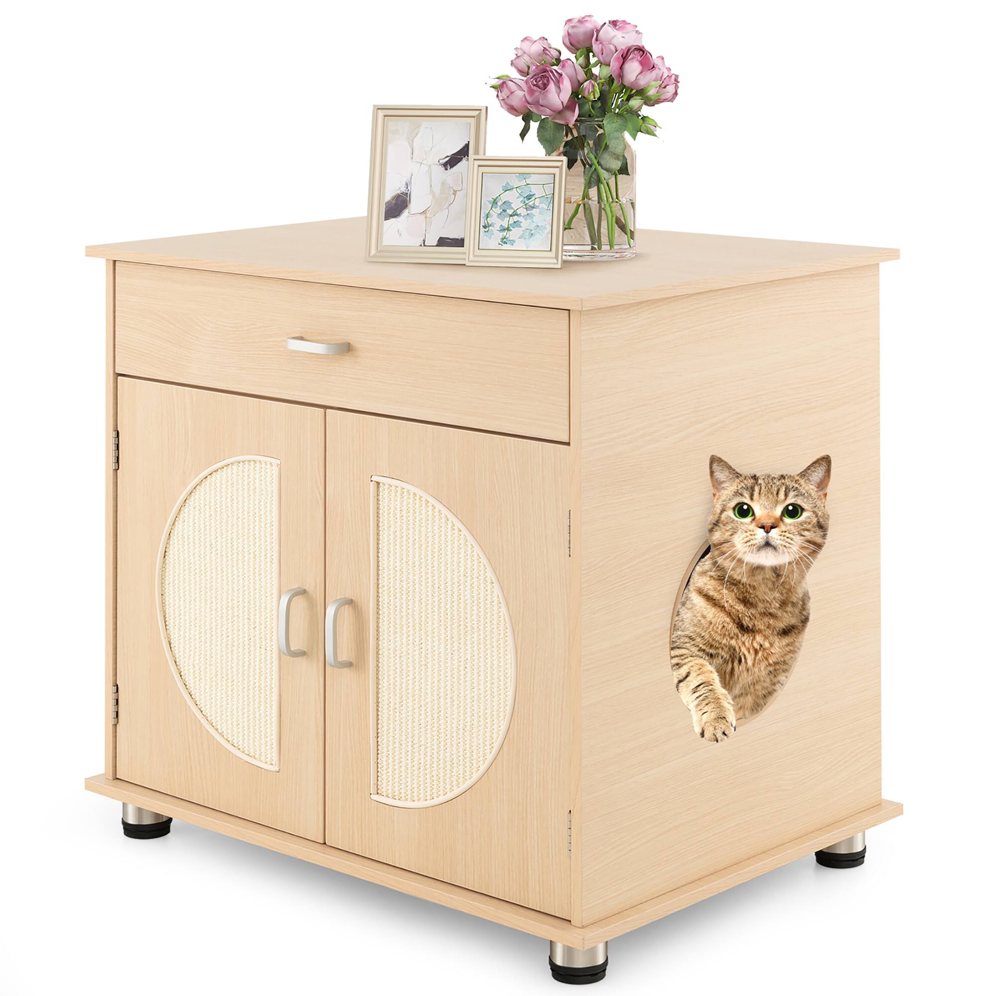 Front. Gymax - Gymax Cat Litter Box Enclosure w/ Sisal Scratching Doors Storage Adjustable Metal Feet - Natural.