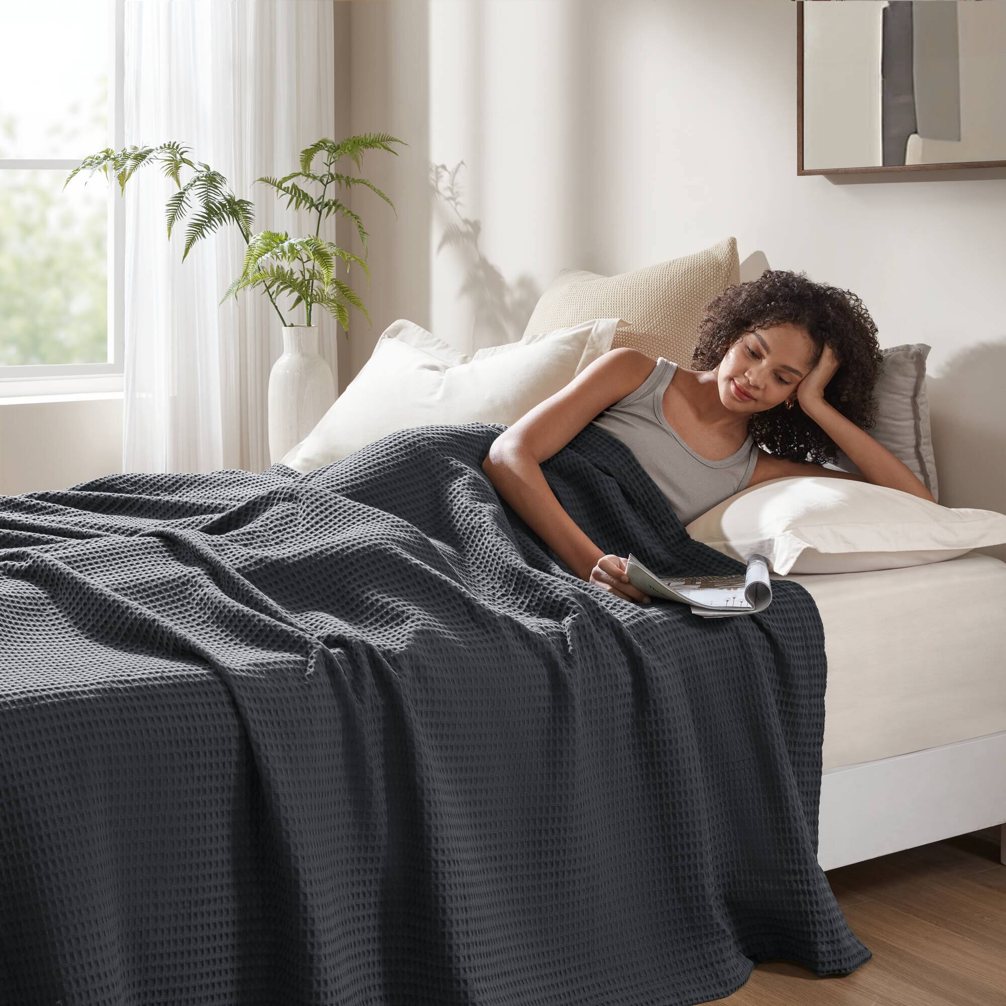 Alt View 4. Gracie Mills - Britain Cotton Blanket - Dark Grey.