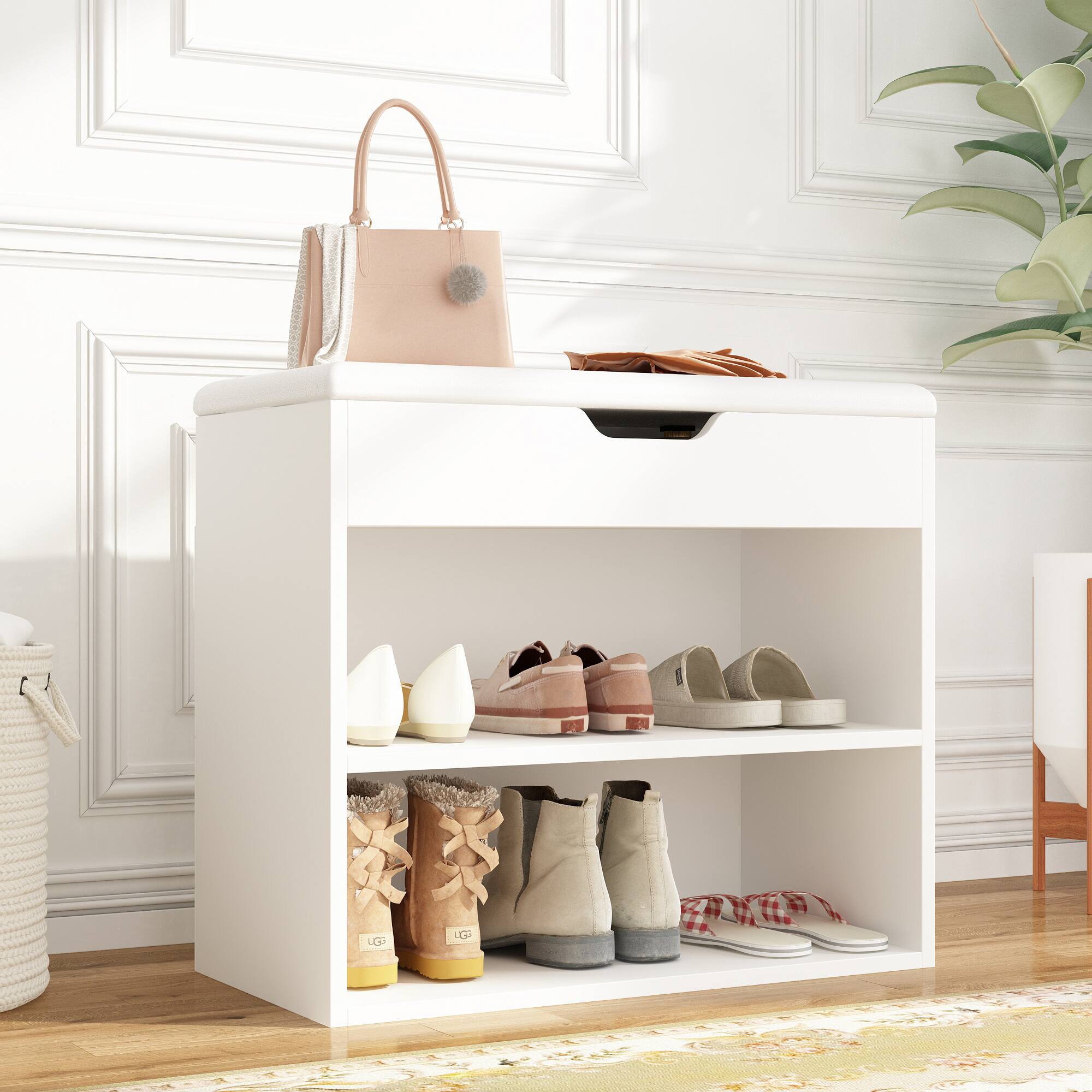 Front. FUFU&GAGA - Small Shoe Bench with Storage Box and Rack – Space-Saving Entryway Organizer - White.