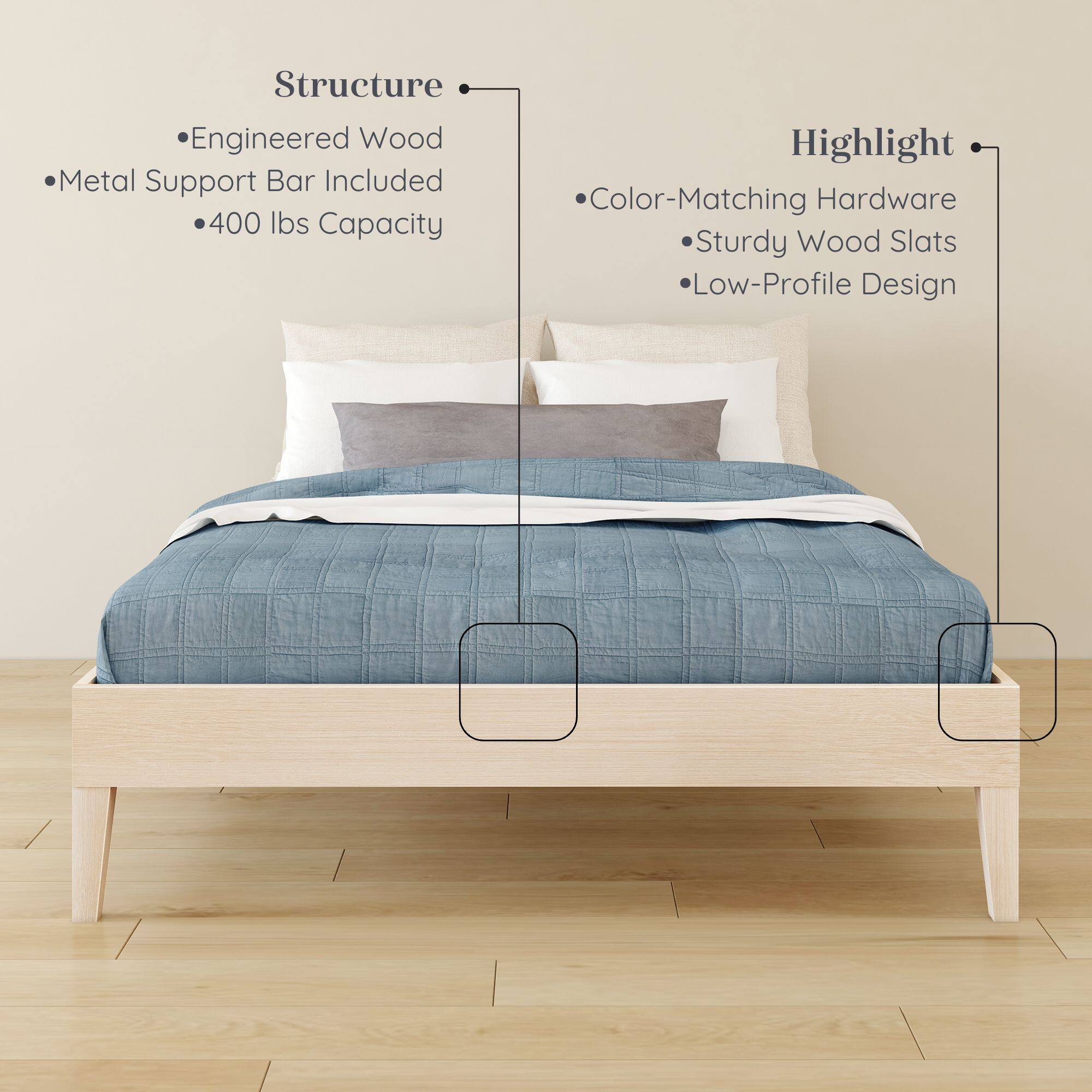 Structure: Engineered Wood, Metal Support Bar Included, 400 lbs Capacity  
Highlight: Color-Matching Hardware, Sturdy Wood Slats, Low-Profile Design
