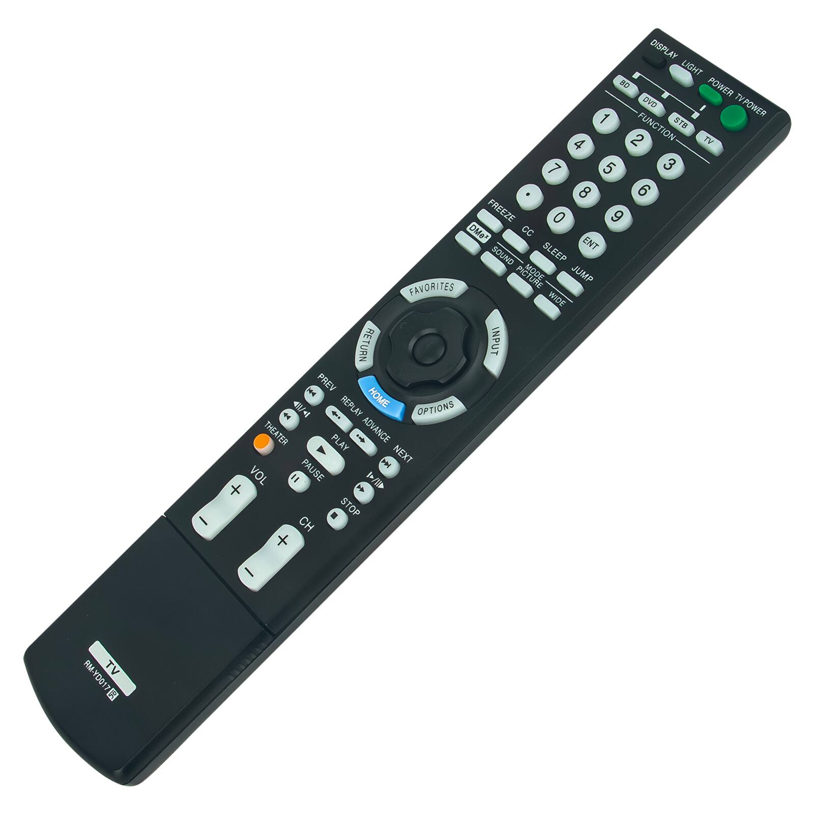 I DISPLAY LIGHT FO POWER DVD TV POWER 1 STA 2 FUNCTION TV 4 7 5 3 8 6 FREEZE 0 9 DMo CC ENT SOUND SLEEP MODE JUMP FAVORITES WIDE RETURN INPUT - PREV 41/4 REPLAY HOME OPTIONS - THEATER PLAY - ADVANCE NEXT VOL I PAUSE 1/l + STOP CH I RM TV RM-YD017E YOO1