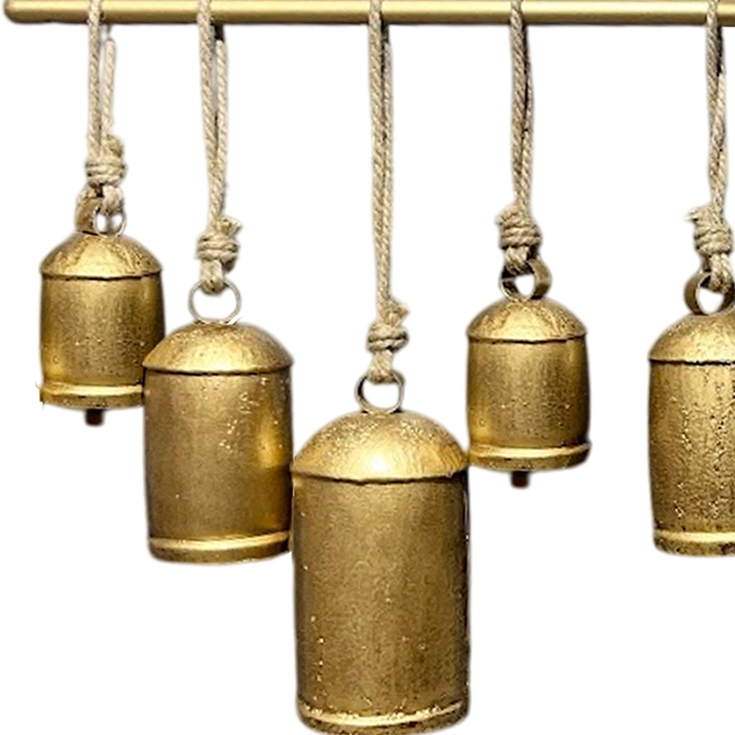 Alt View 4. Manhattan Lane - Neyra Iron Cow Bells Wall Decor 48 Inch Wide Decorative, Antique Gold Finish, Jute Hanging Rope - Gold.