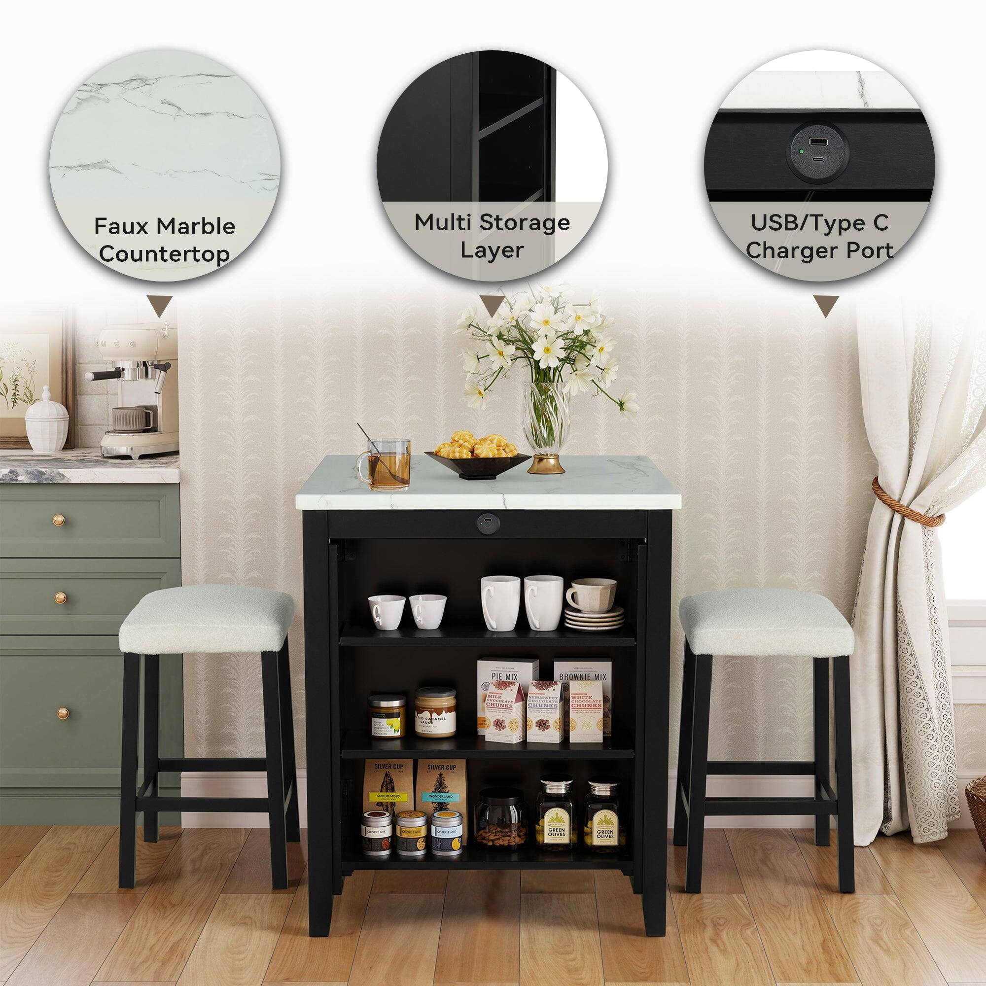 Faux Marble Countertop  
Multi Storage Layer  
USB/Type C Charger Port