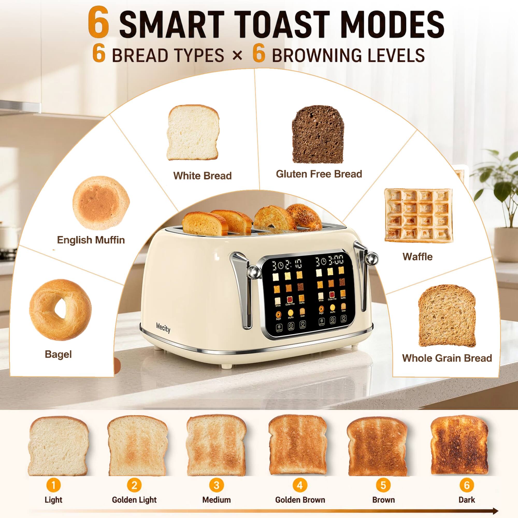 6 SMART TOAST MODES  
6 BREAD TYPES x 6 BROWNING LEVELS

White Bread  
Gluten Free Bread  
English Muffin  
Bagel  
Whole Grain Bread  
Waffle  

1 Light  
2 Golden Light  
3 Medium  
4 Golden Brown  
5 Brown  
6 Dark